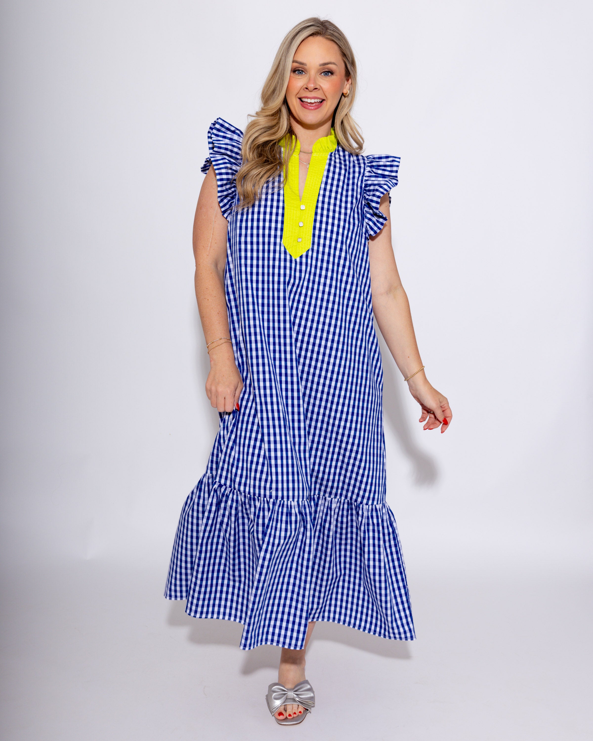 Gingham Flutter Sleeve Midi Dress