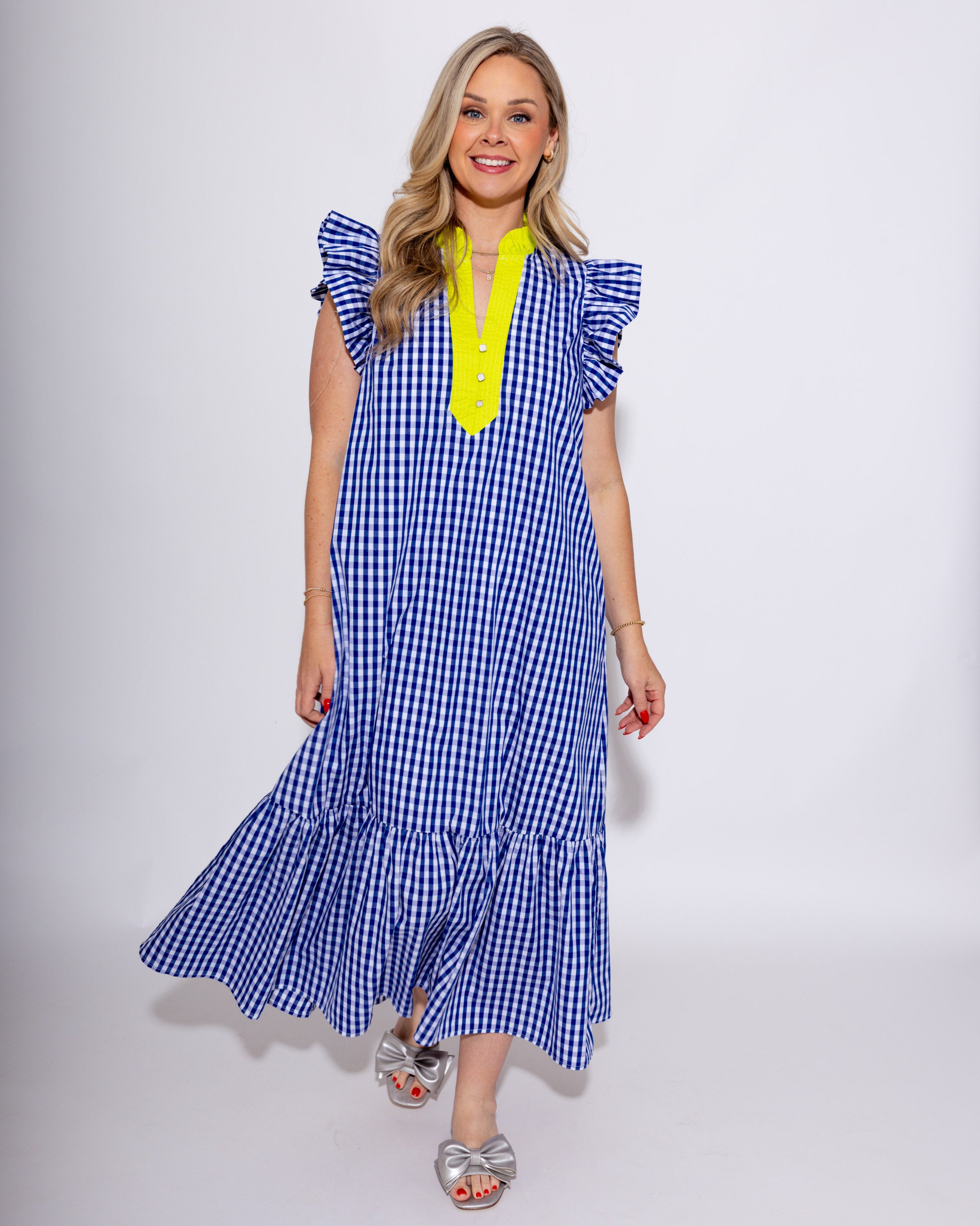Gingham Flutter Sleeve Midi Dress