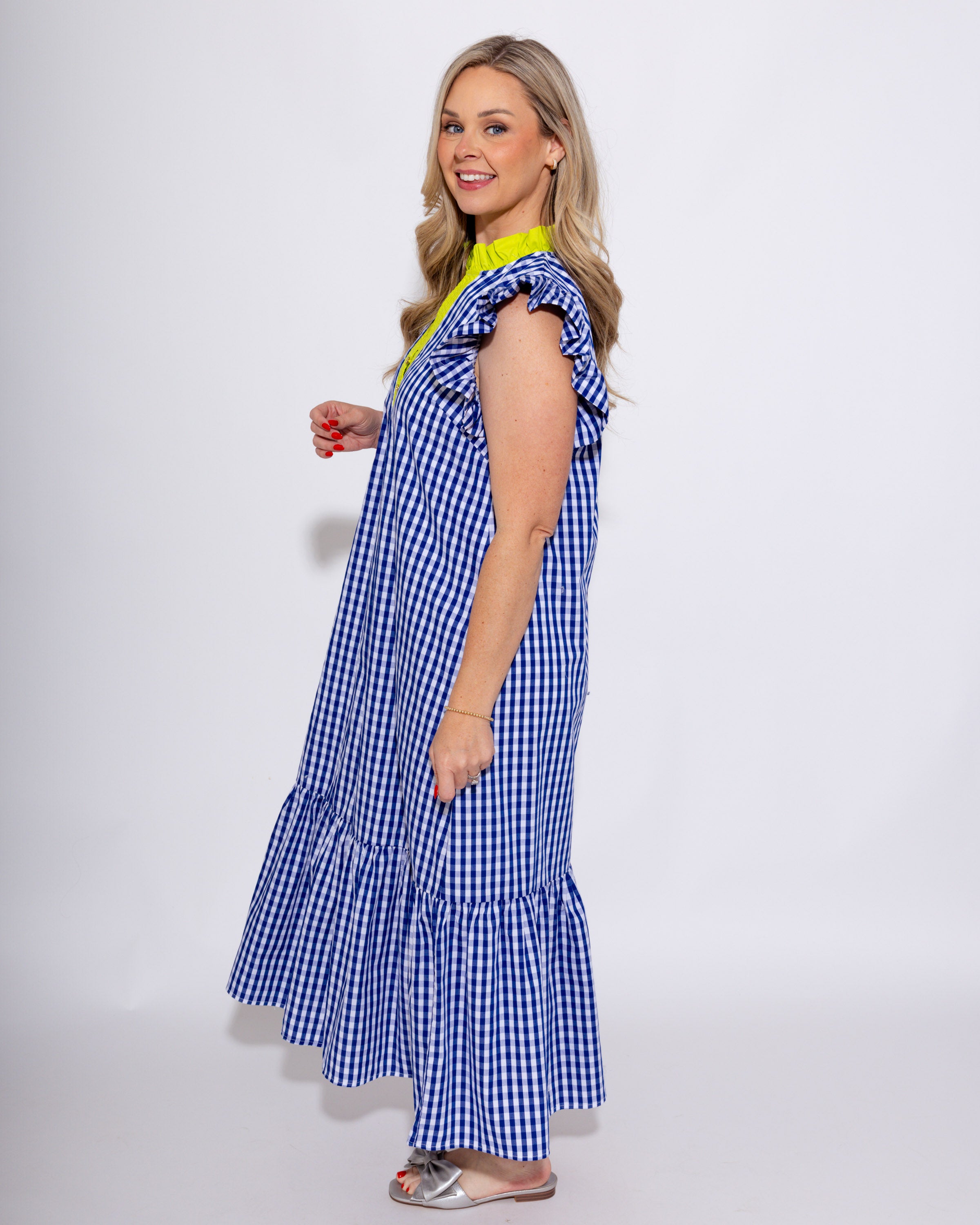 Gingham Flutter Sleeve Midi Dress