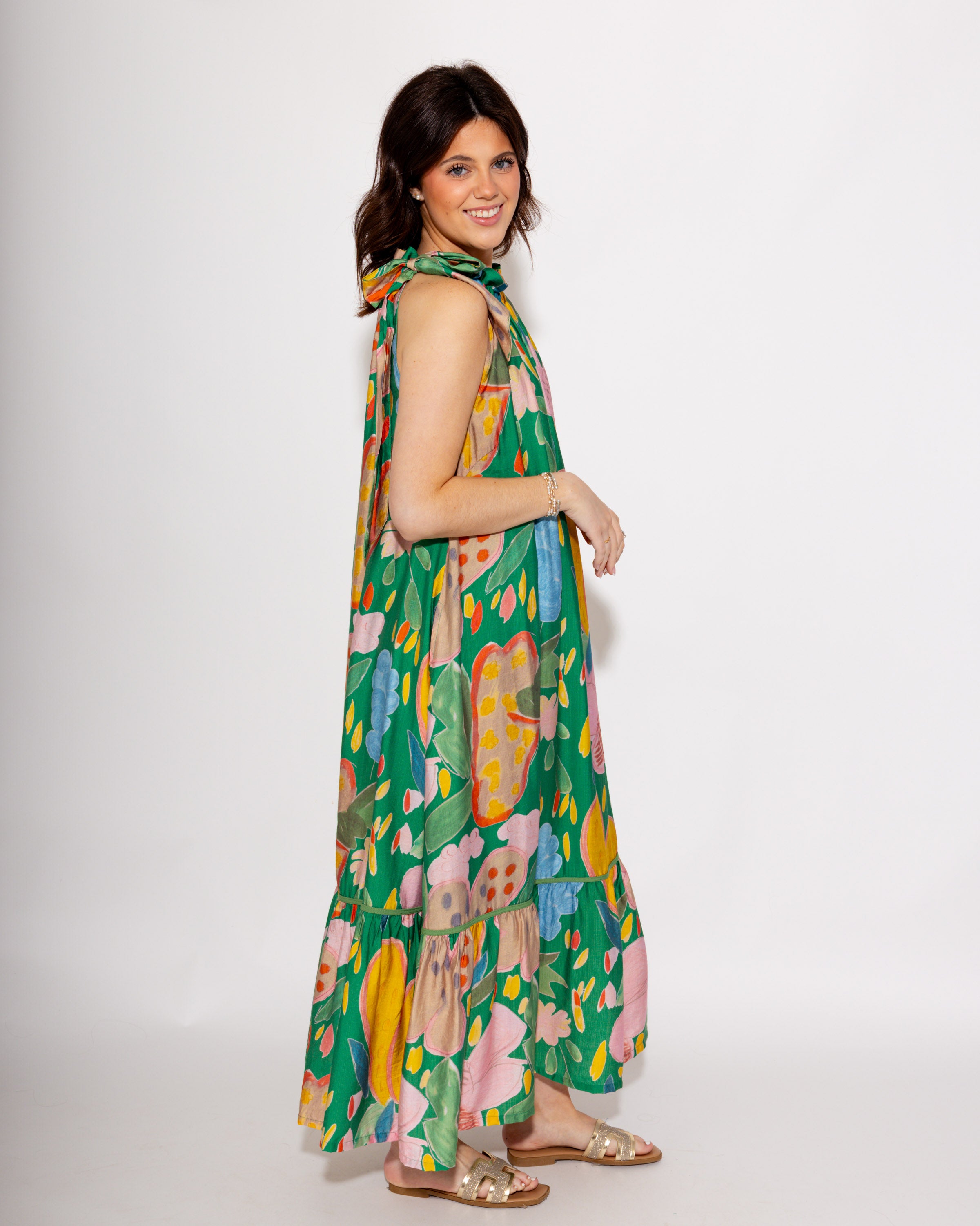 Floral Halter Neck Midi Dress in Green