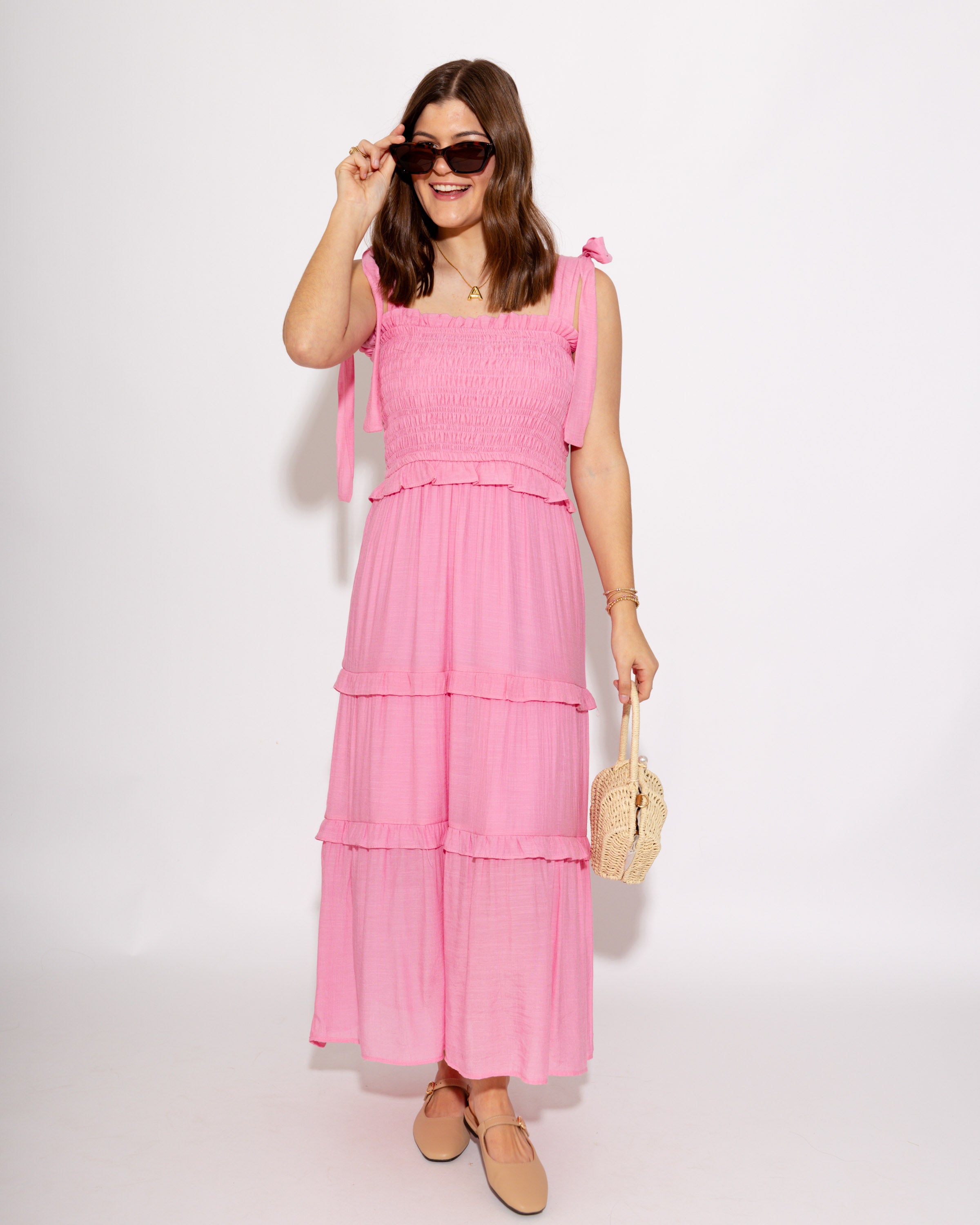 Gathered Grace Pleated Midi Dress in Pink
