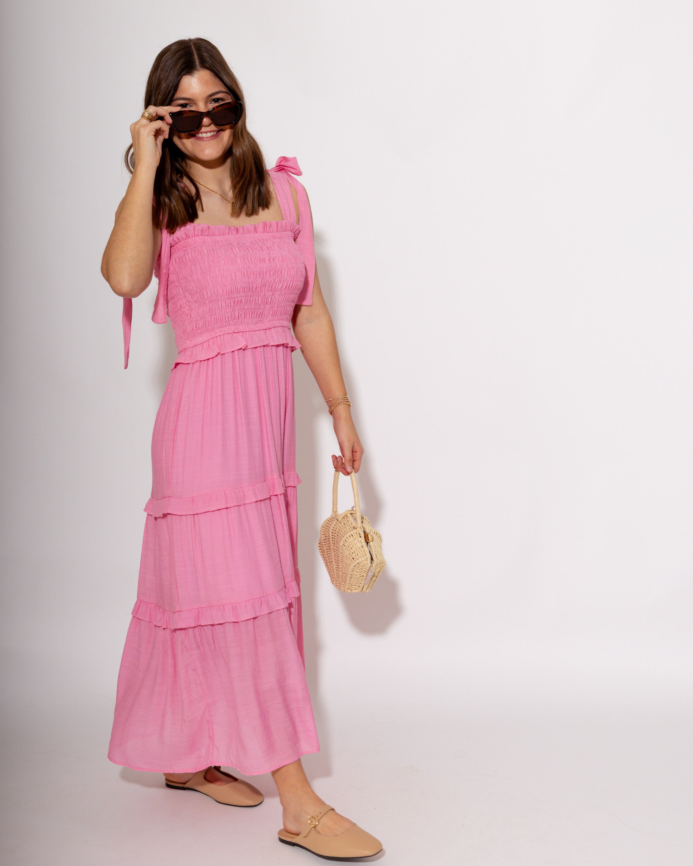 Gathered Grace Pleated Midi Dress in Pink