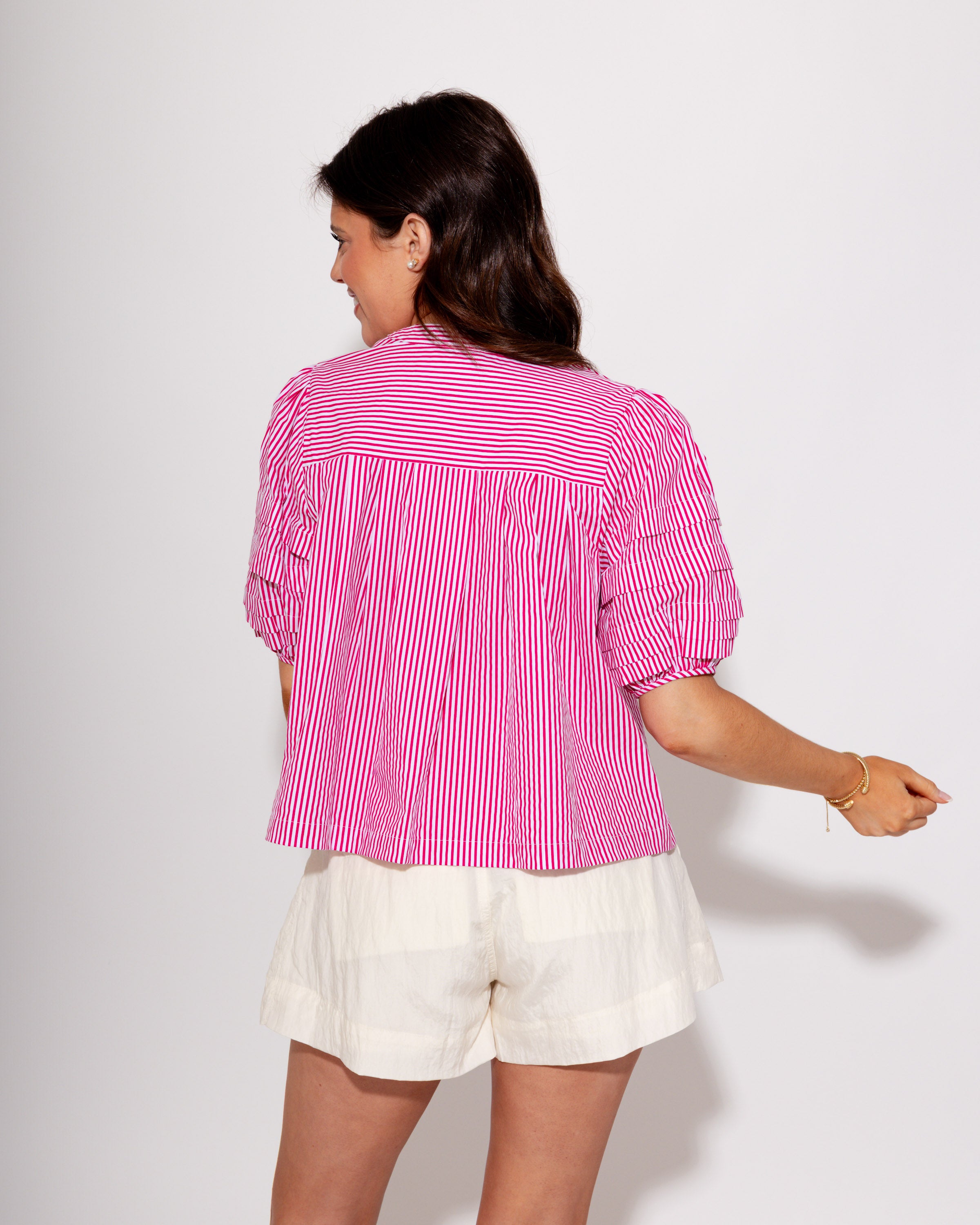 Puff Sleeve Button-Up Top in Hot Pink