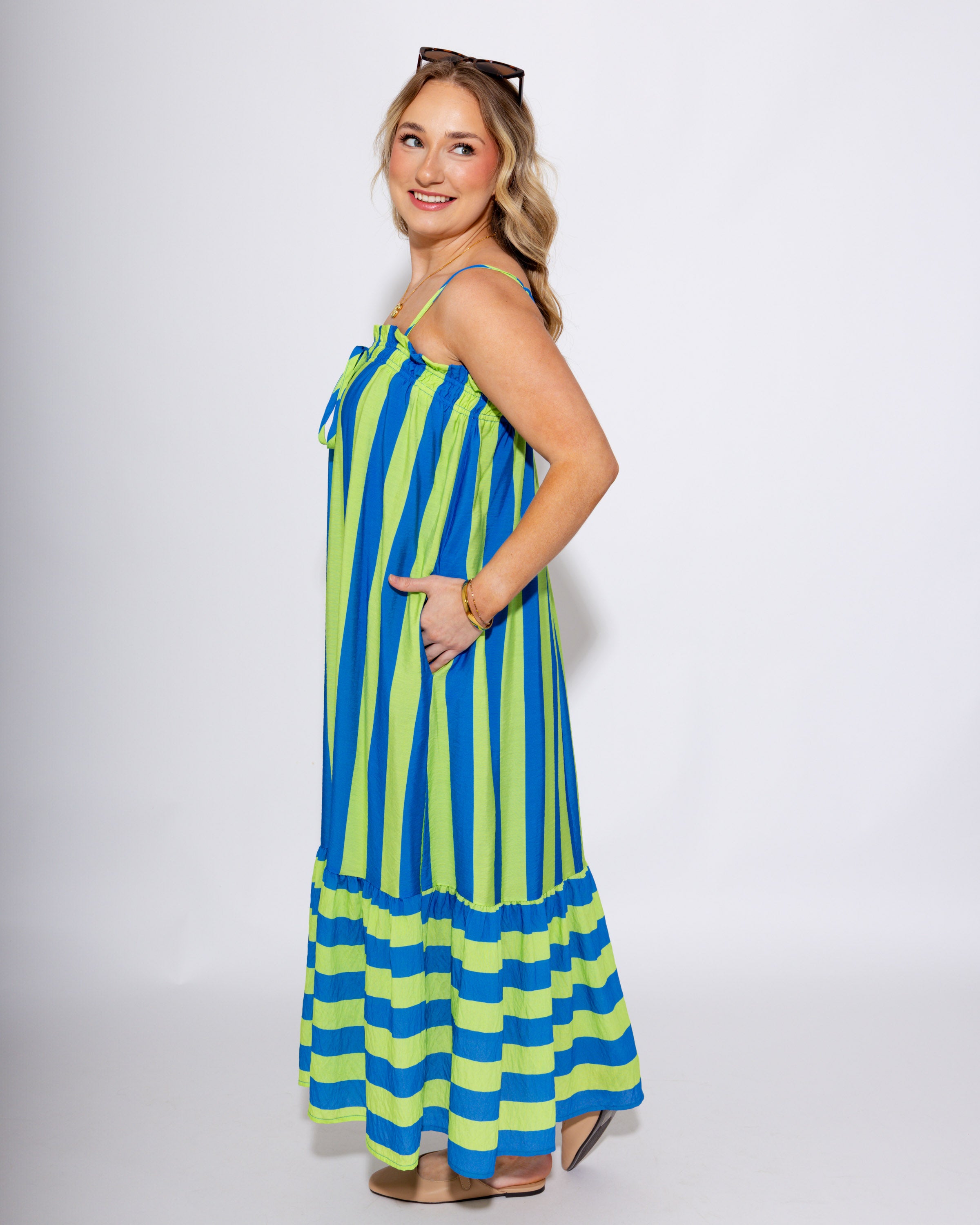 Lightweight Striped Ruffle Midi Dress