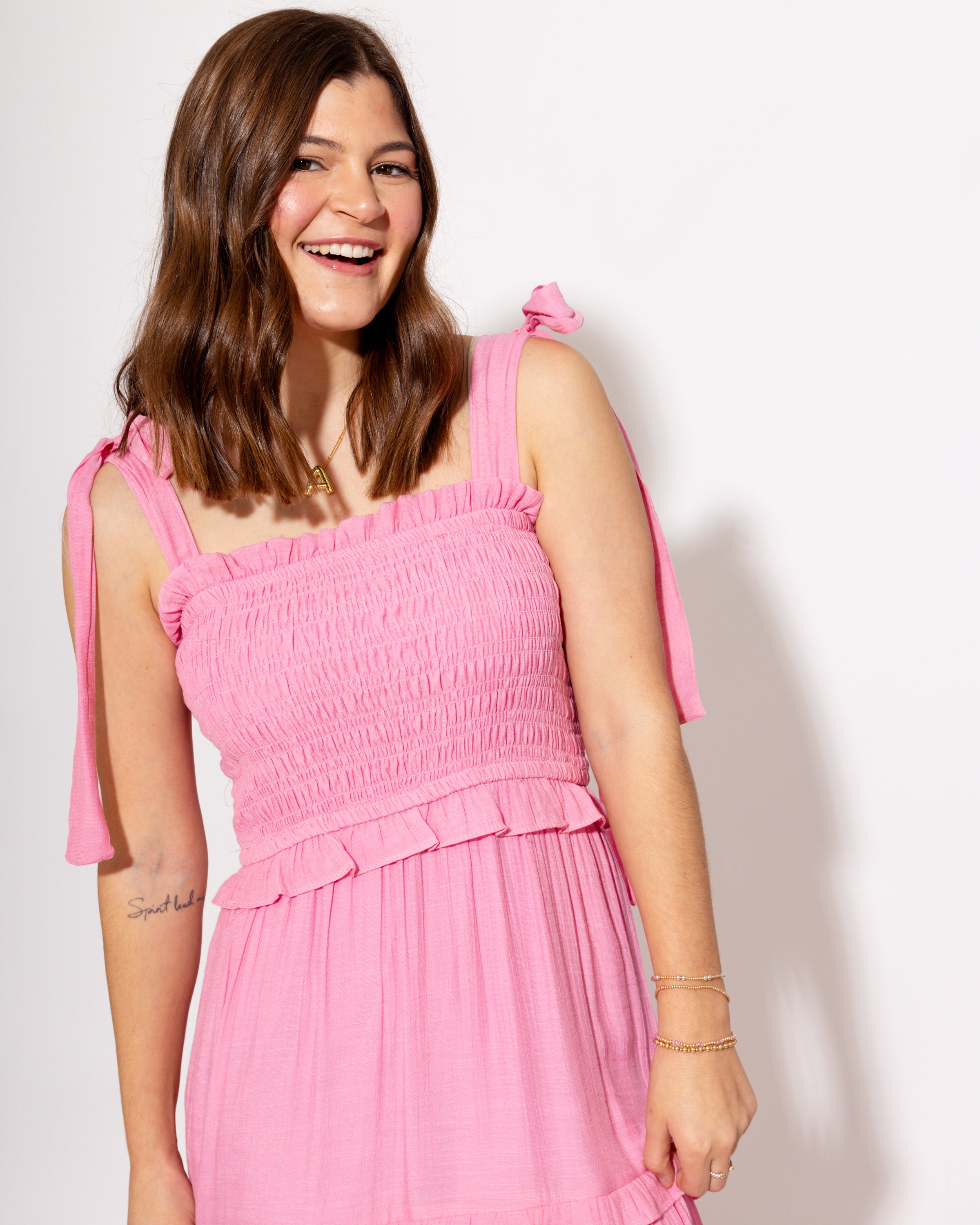 Gathered Grace Pleated Midi Dress in Pink