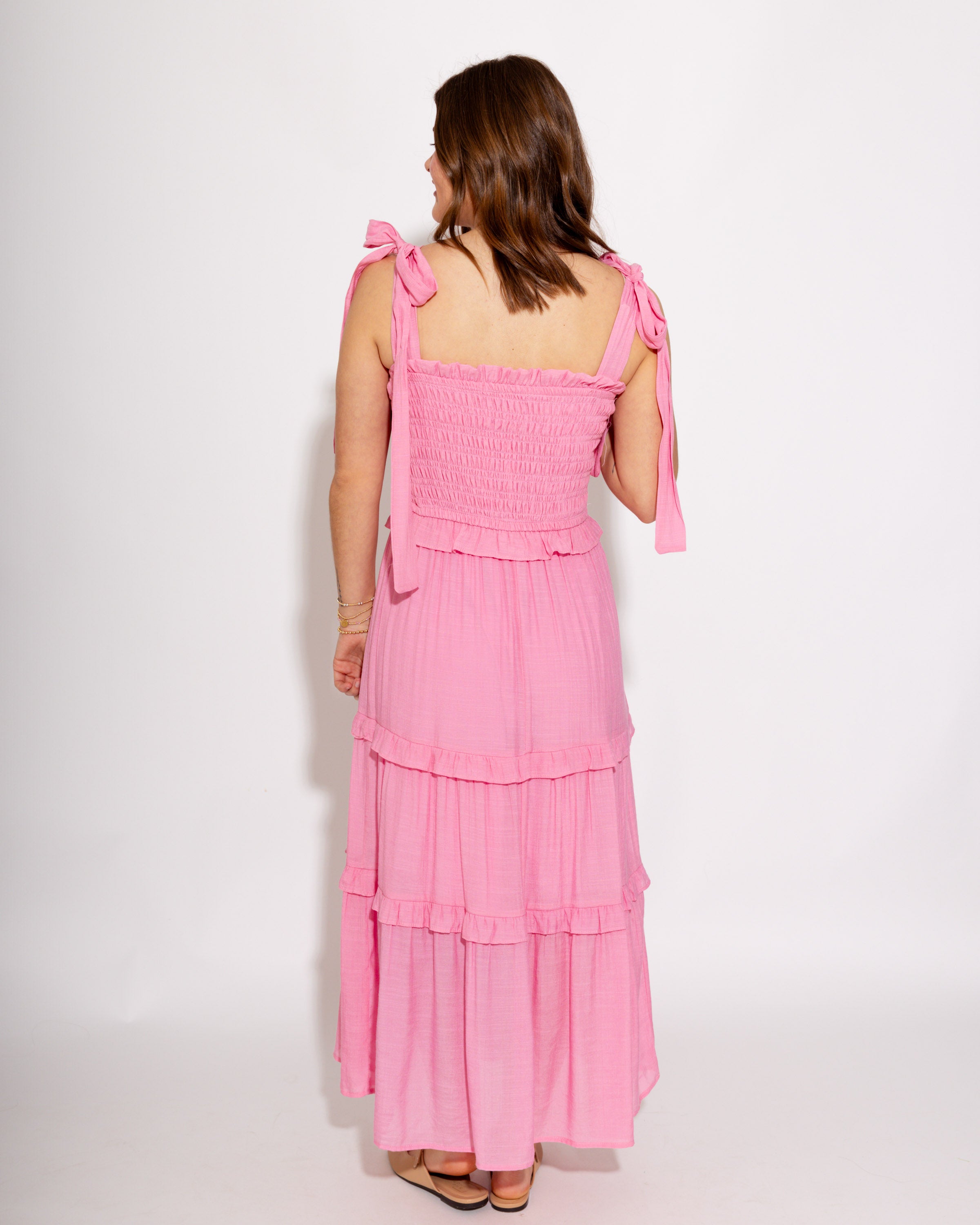 Gathered Grace Pleated Midi Dress in Pink