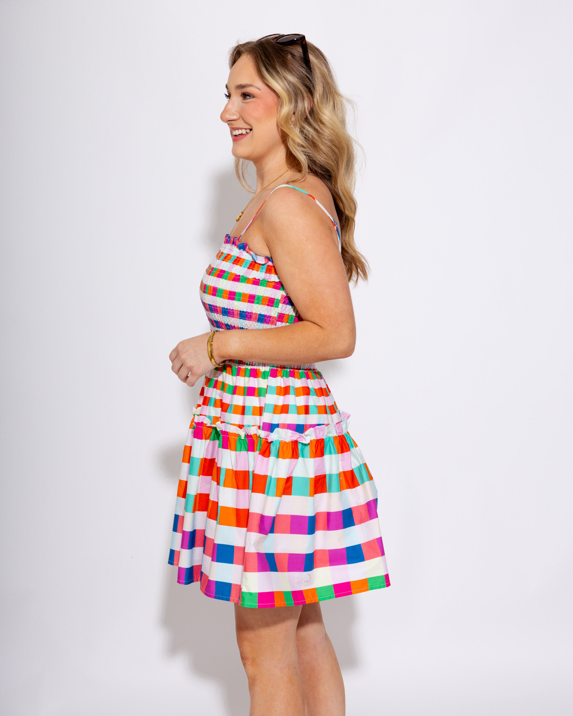 Checkered Smocked Mini Dress