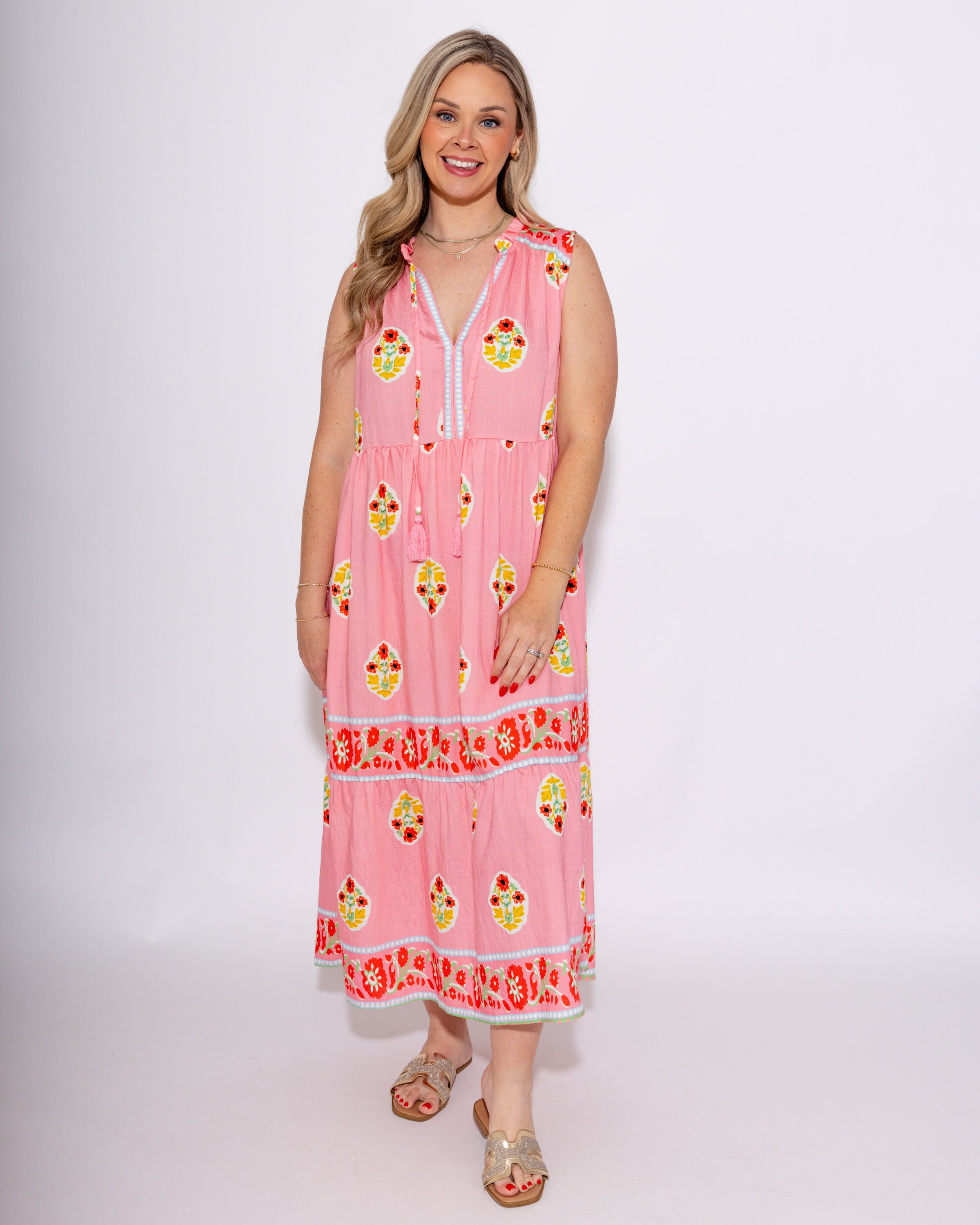 Floral Print Border Midi Dress with Front Tie