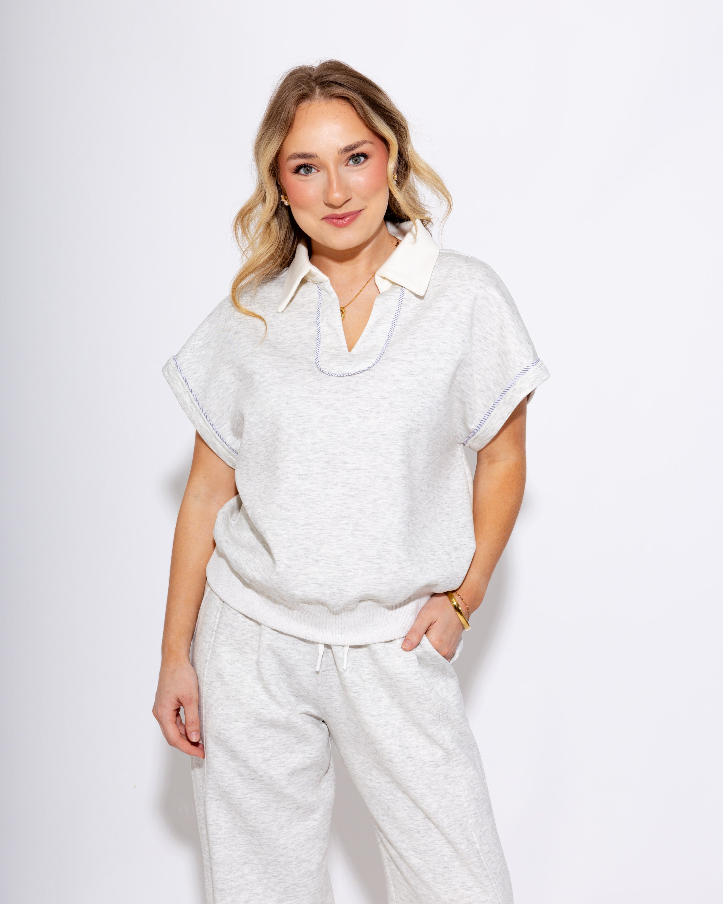 Contrast Collar Polo Top & Pants Set