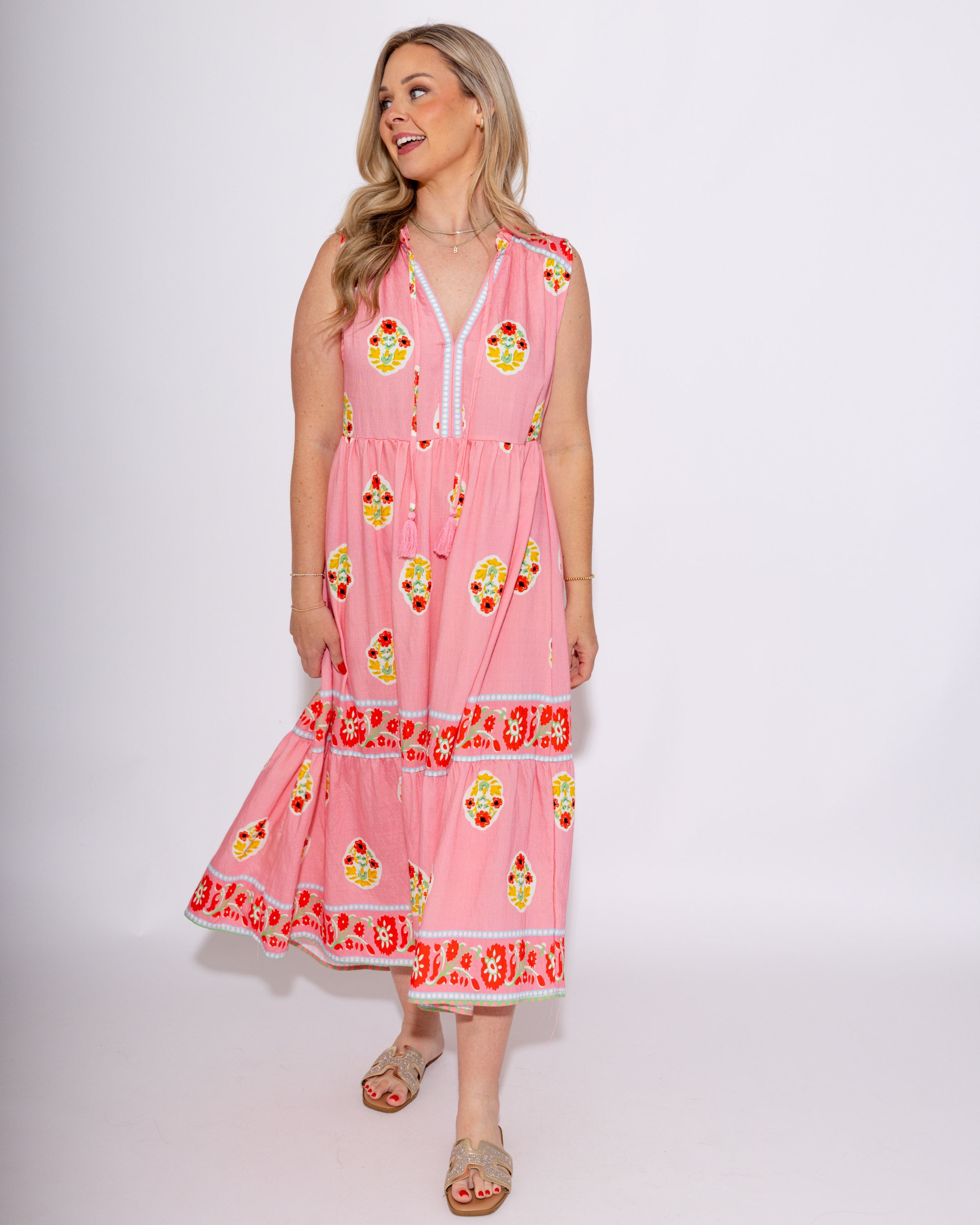 Floral Print Border Midi Dress with Front Tie