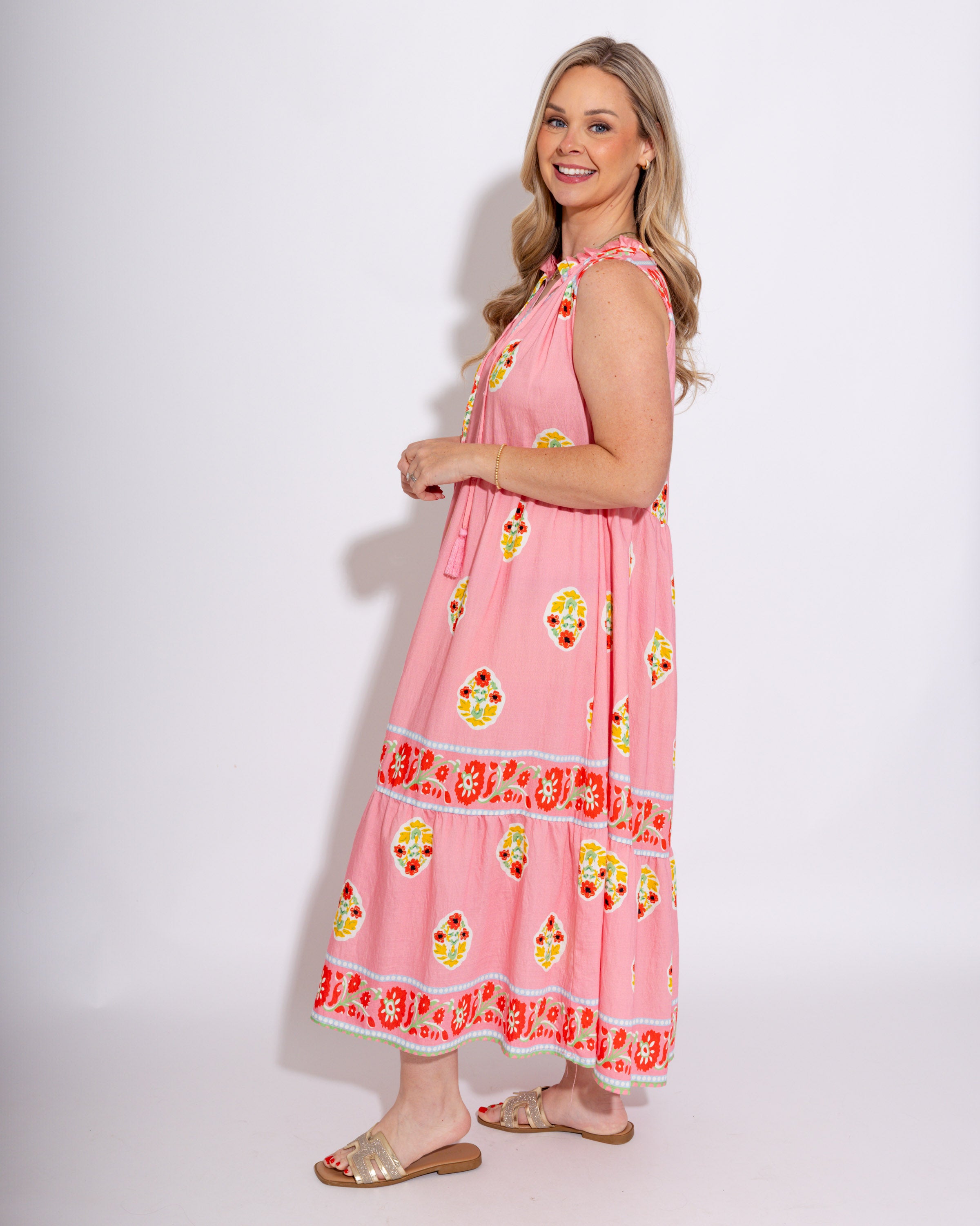 Floral Print Border Midi Dress with Front Tie