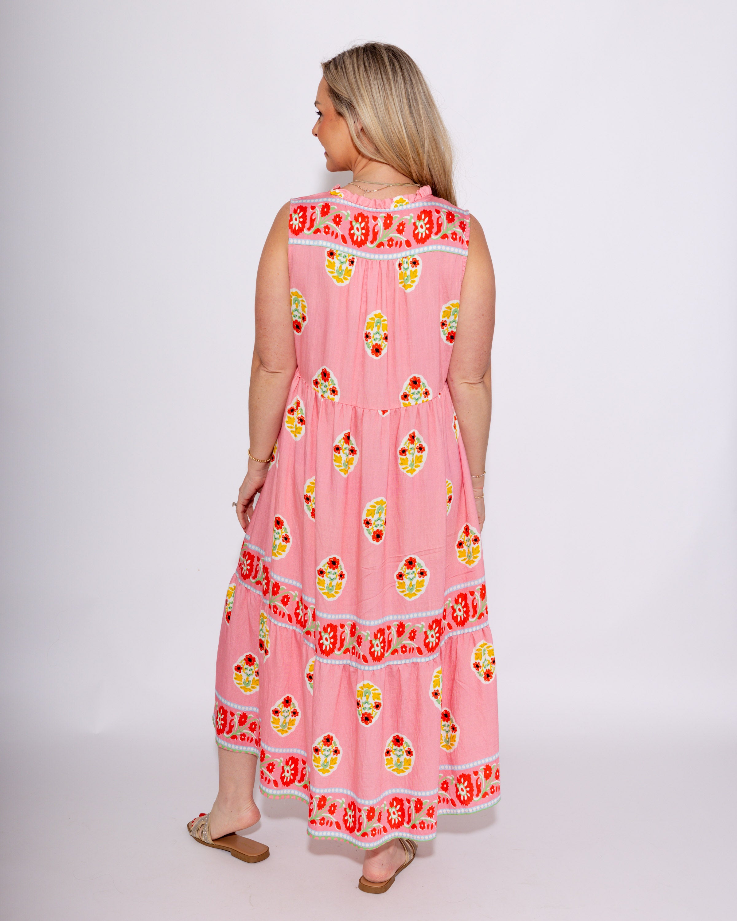 Floral Print Border Midi Dress with Front Tie