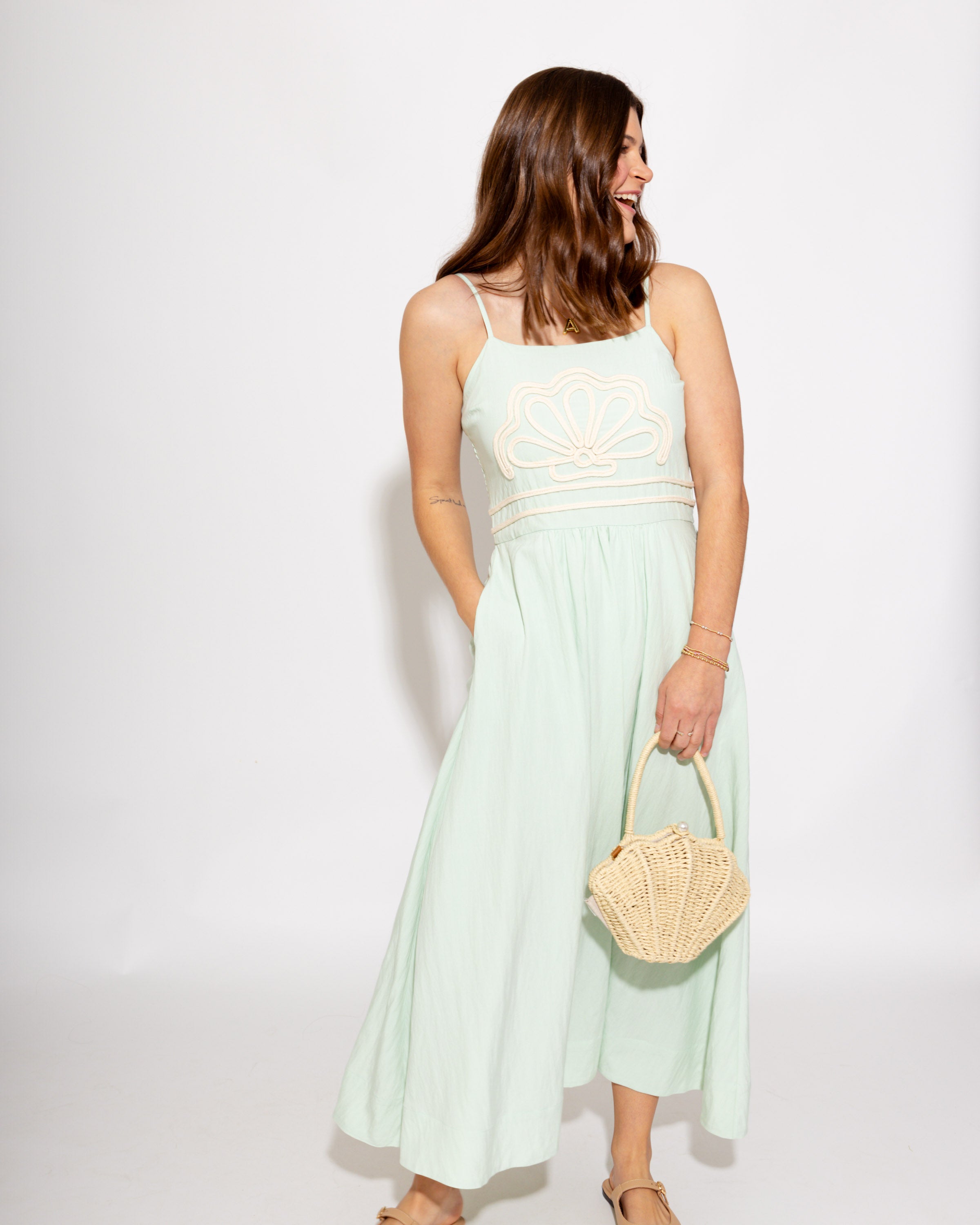 Embroidered Shell Smocked Back Midi