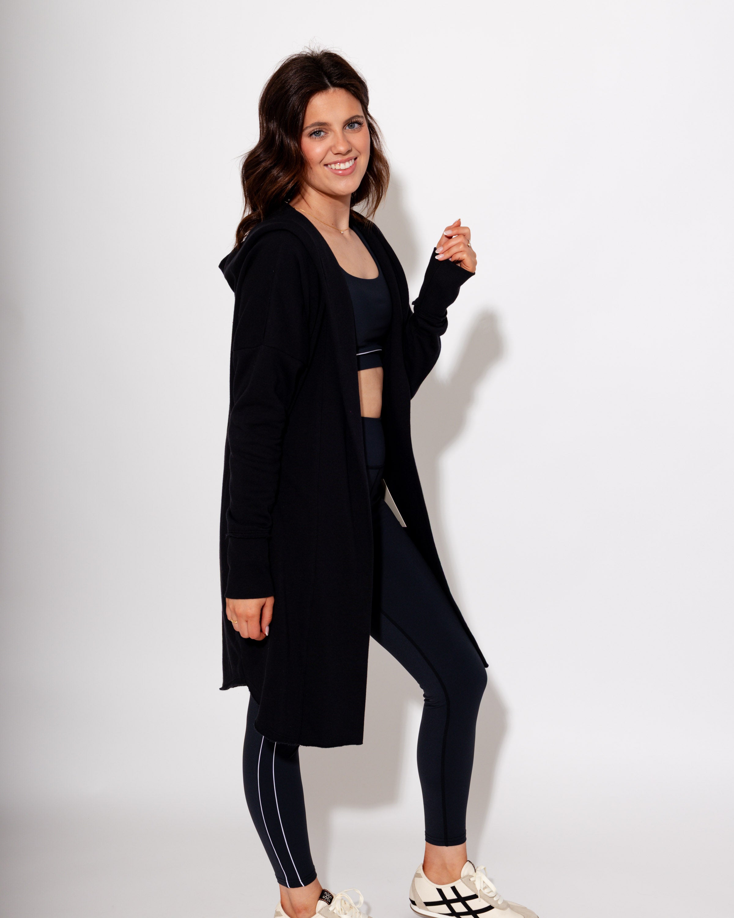 Longline Hoodie Cardigan in Black
