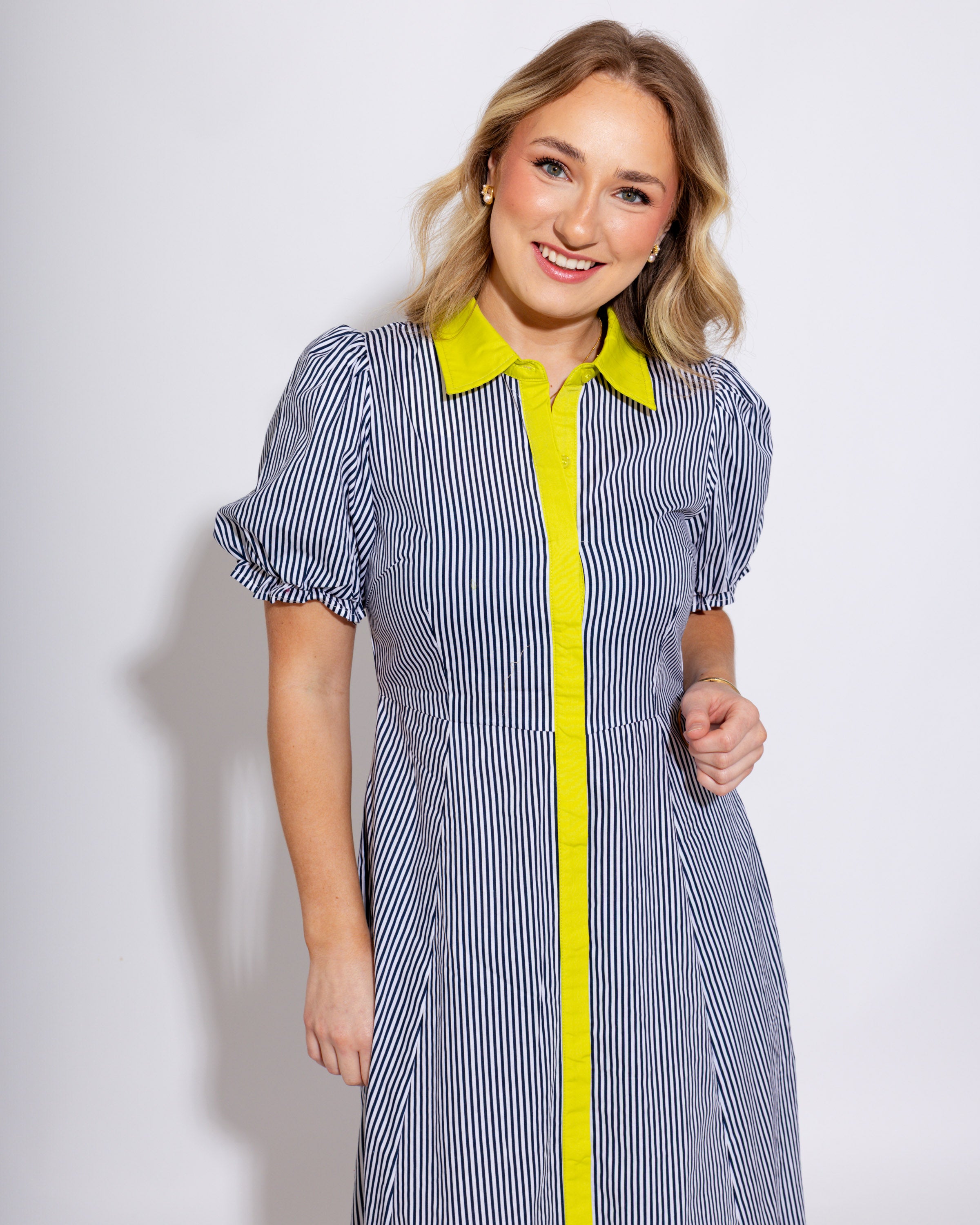 Stripe Puff Sleeve Midi Dress in Navy