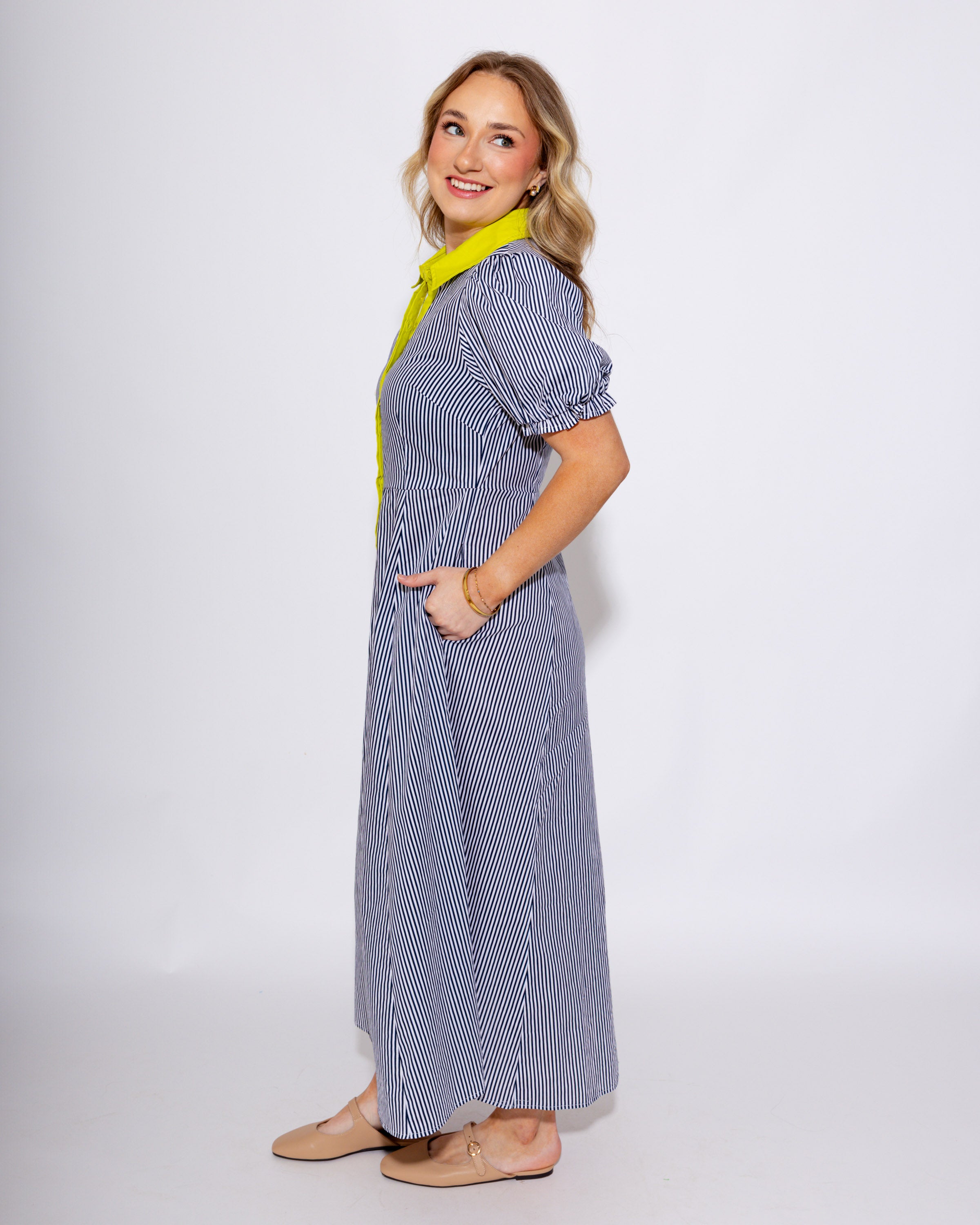 Stripe Puff Sleeve Midi Dress in Navy