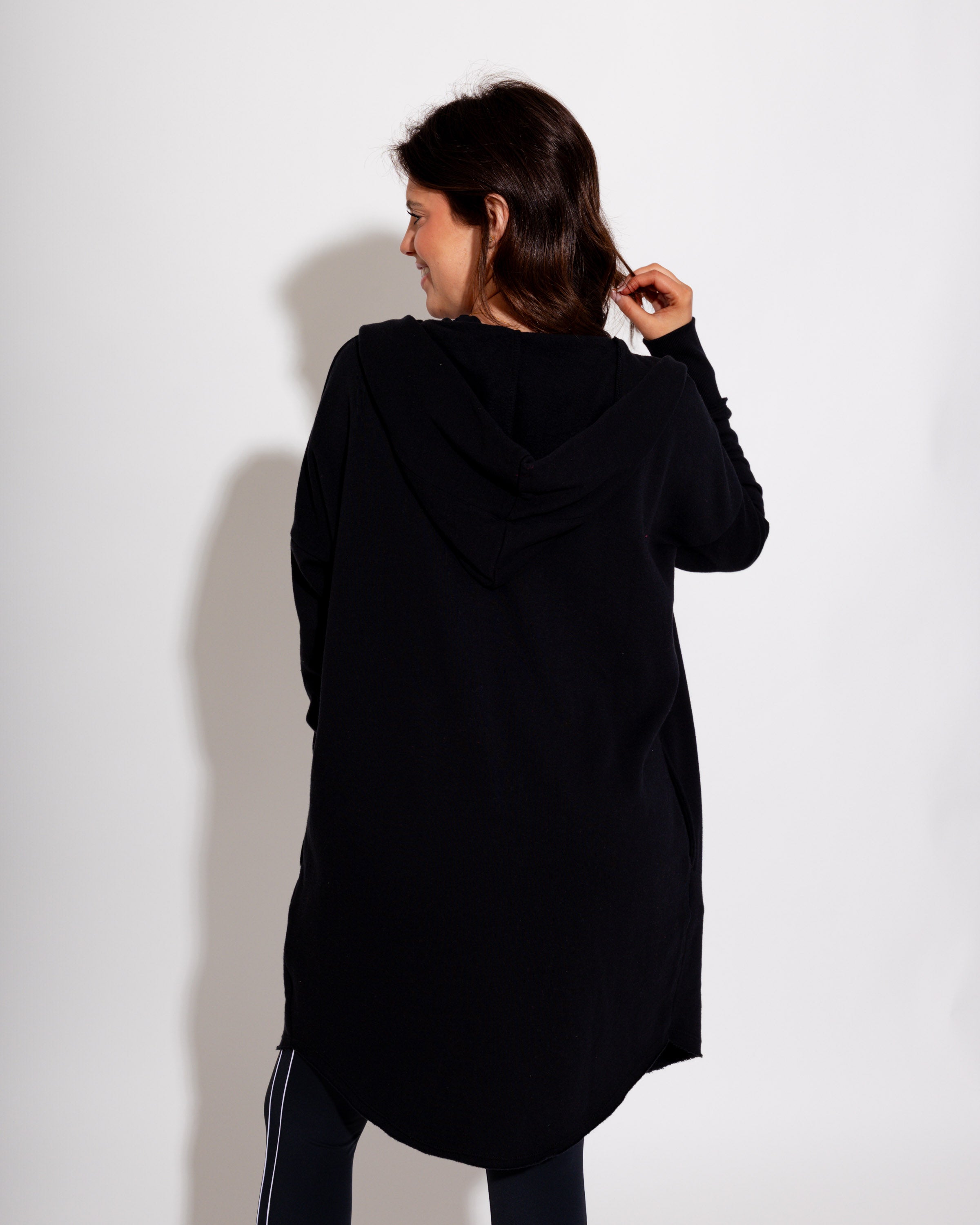 Longline Hoodie Cardigan in Black