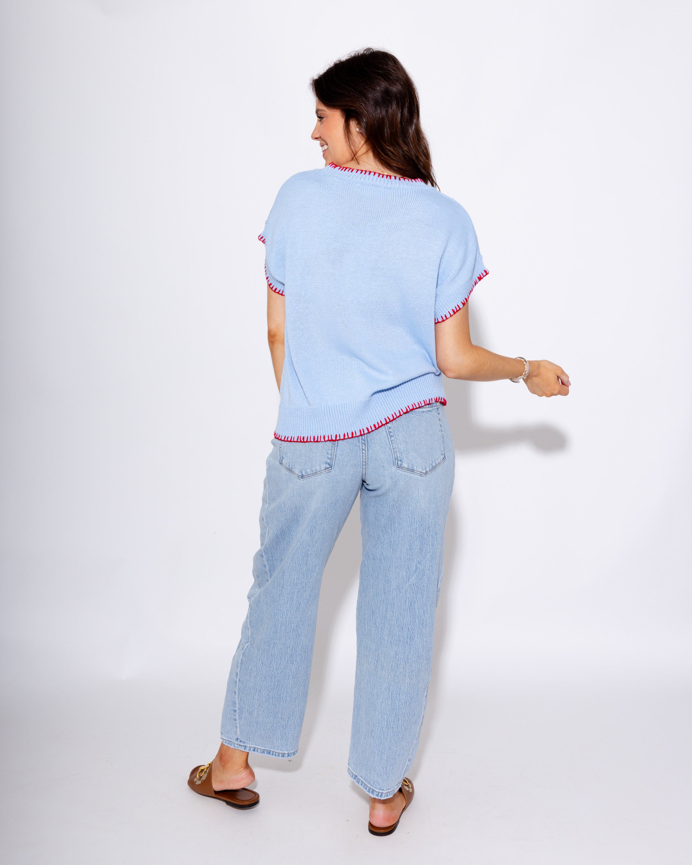 Lobster Embroidered Knit Top in Blue