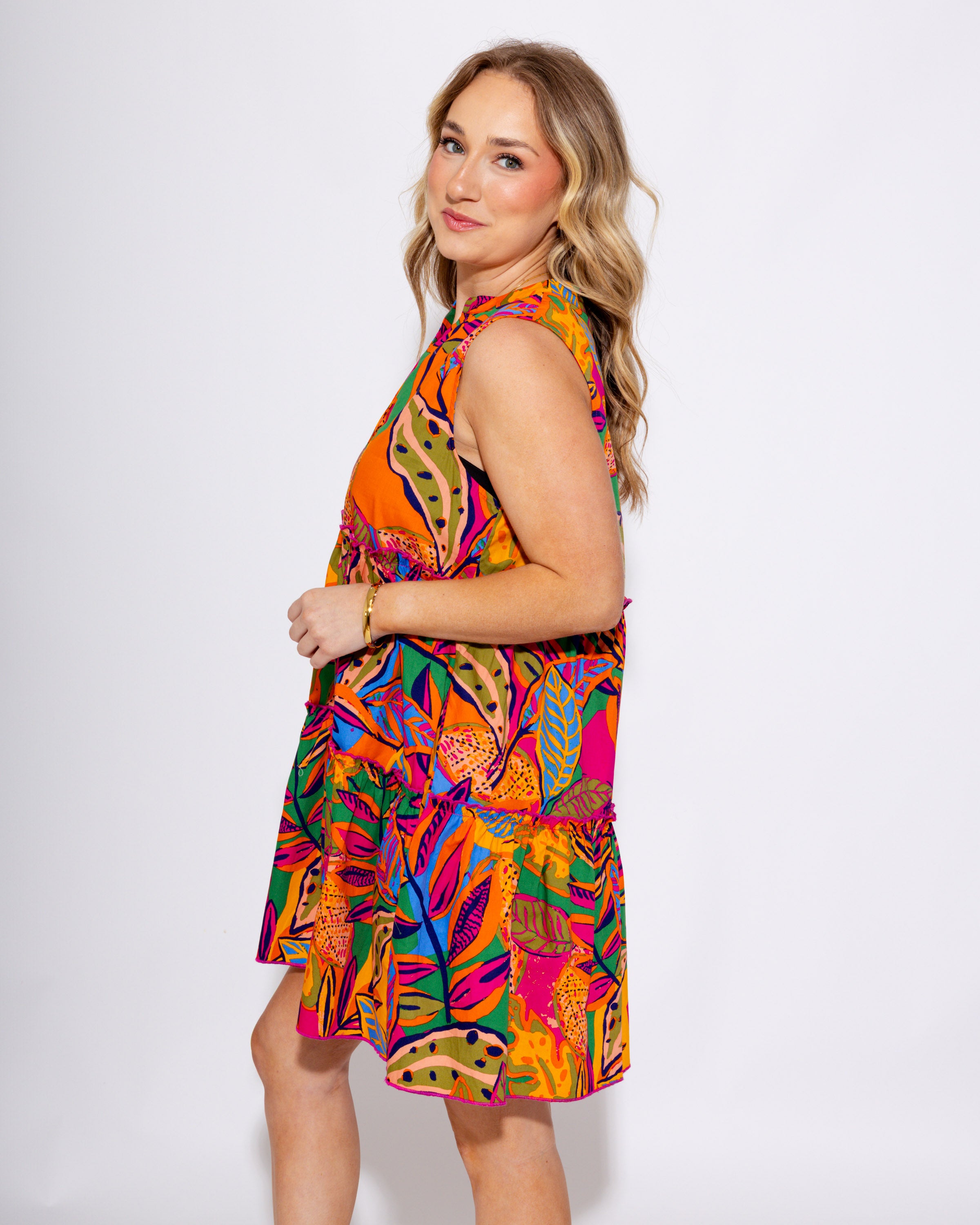 Fun Floral Shift Tiered Mini Dress