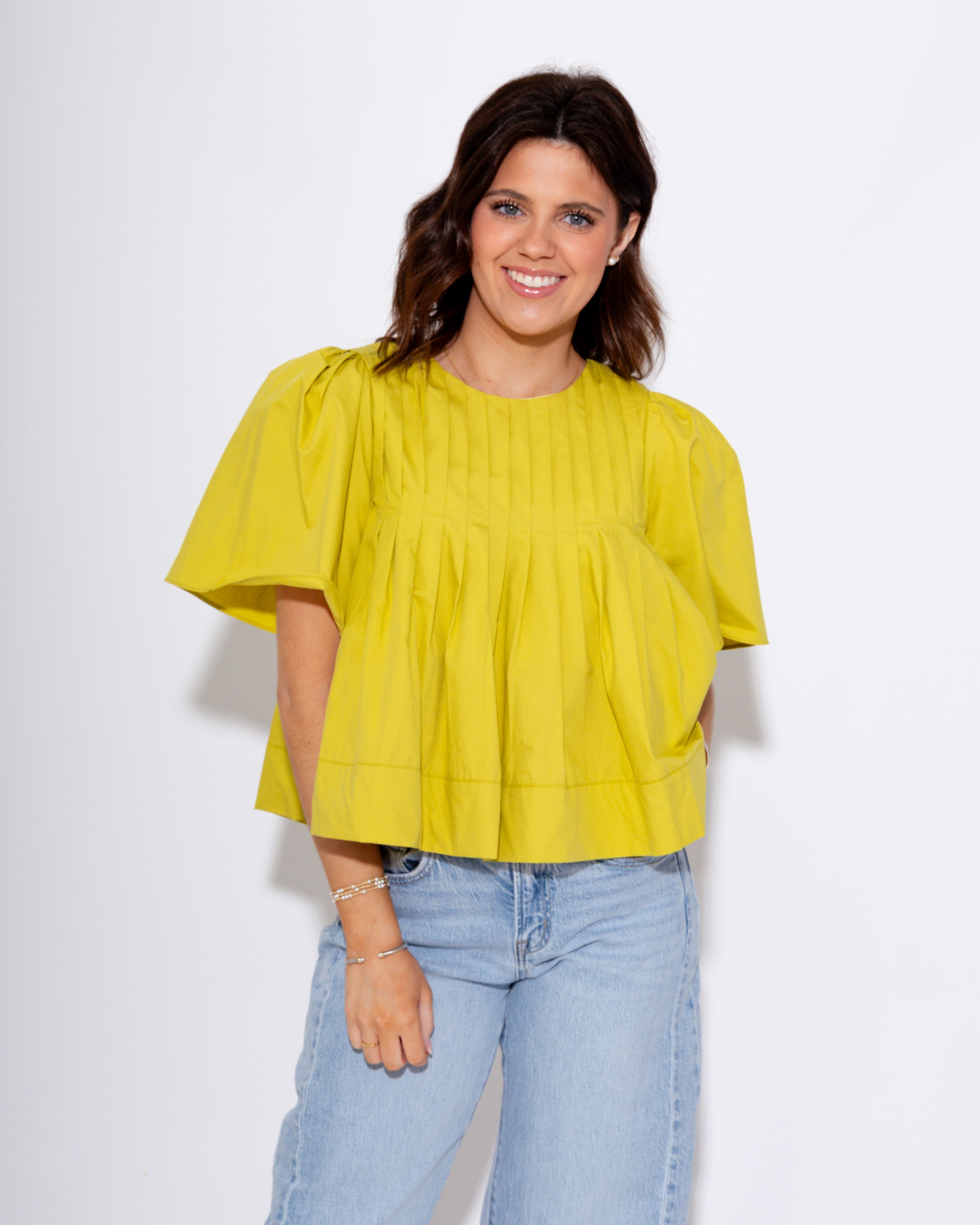 Pleated Short Sleeve Top in Lime