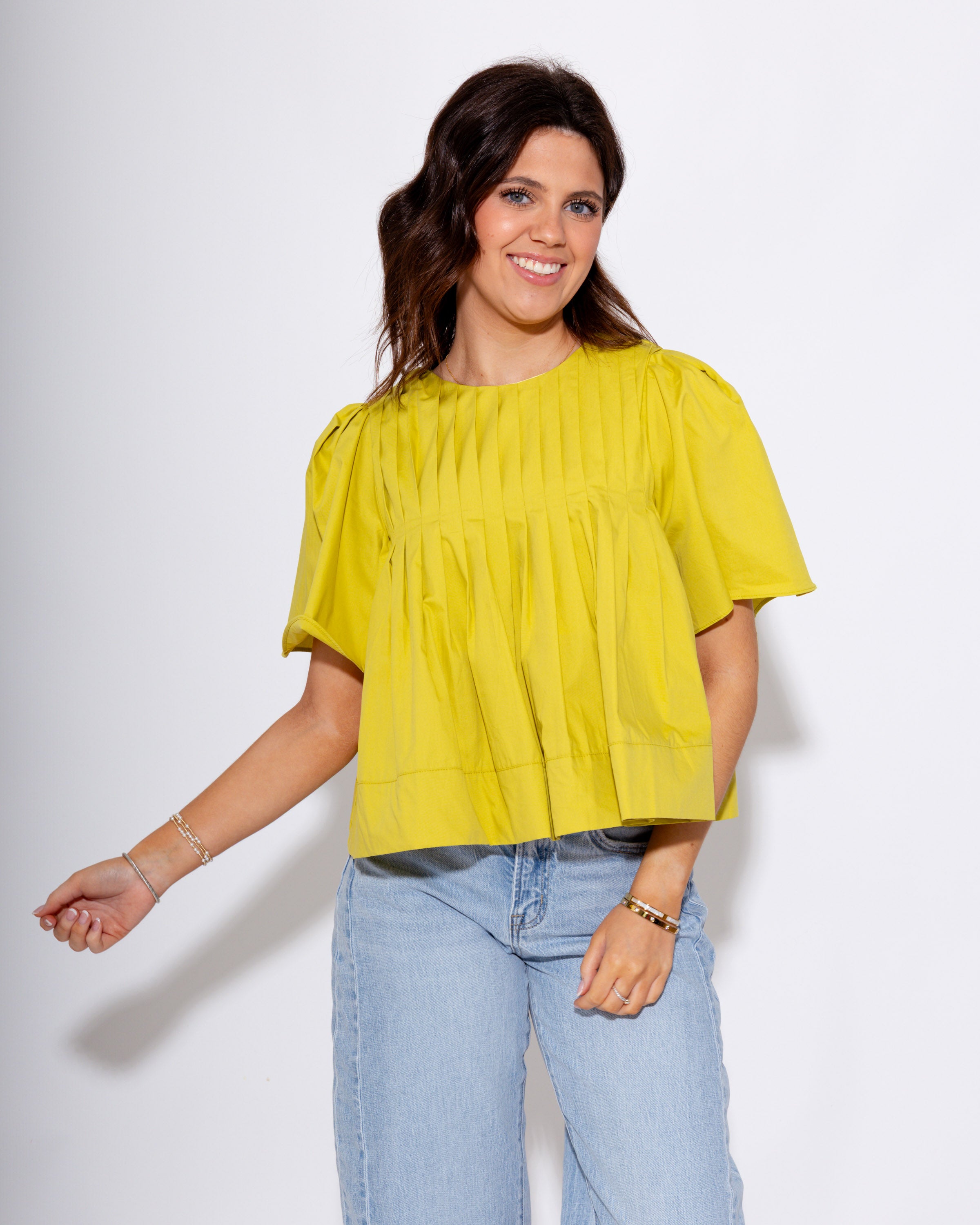Pleated Short Sleeve Top in Lime