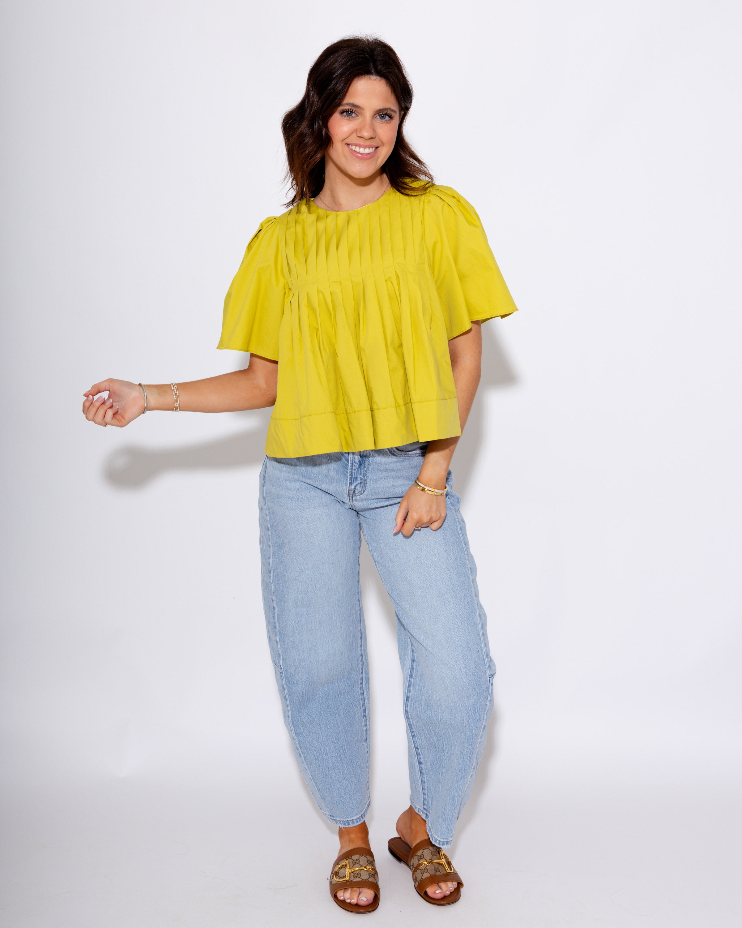Pleated Short Sleeve Top in Lime