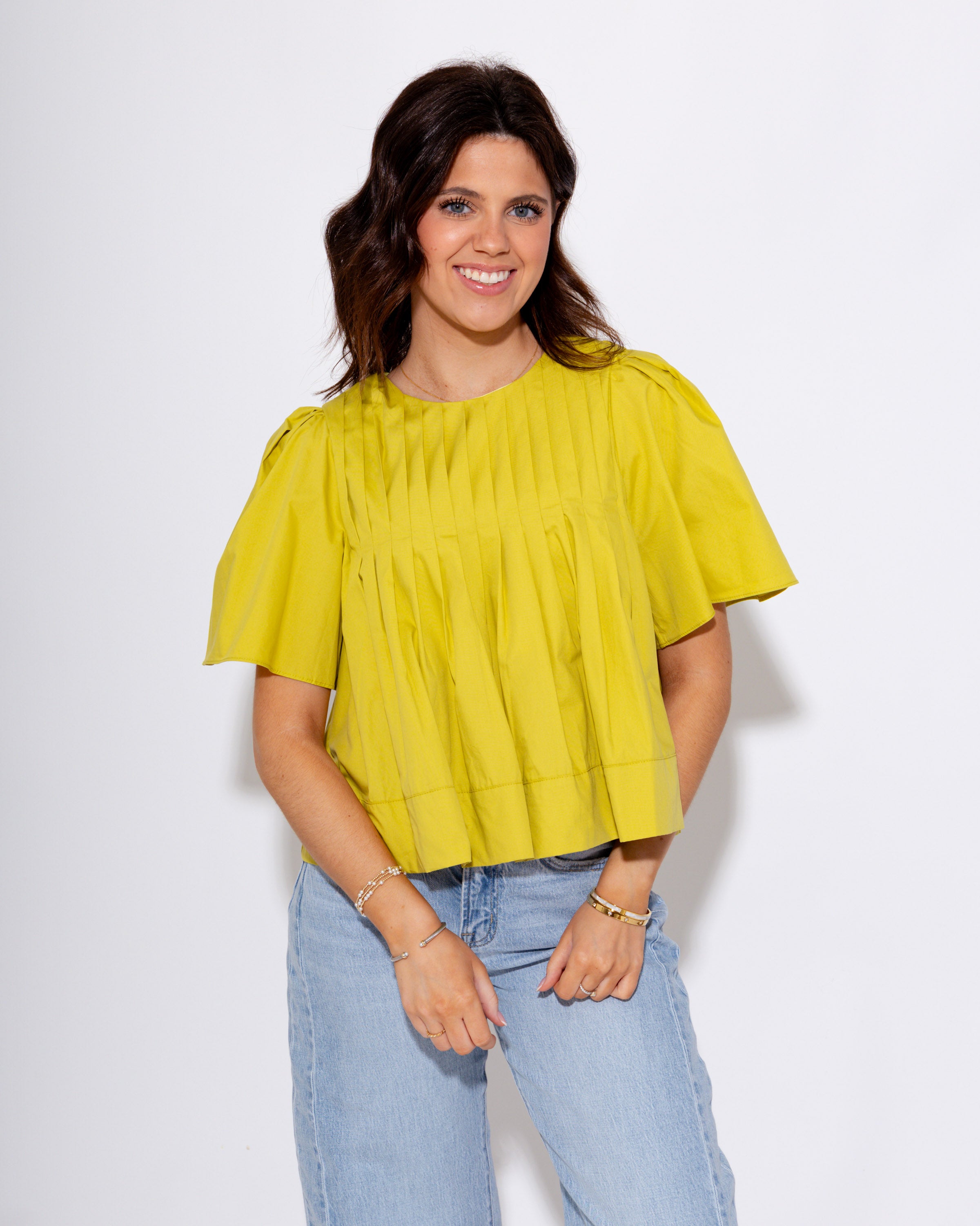 Pleated Short Sleeve Top in Lime