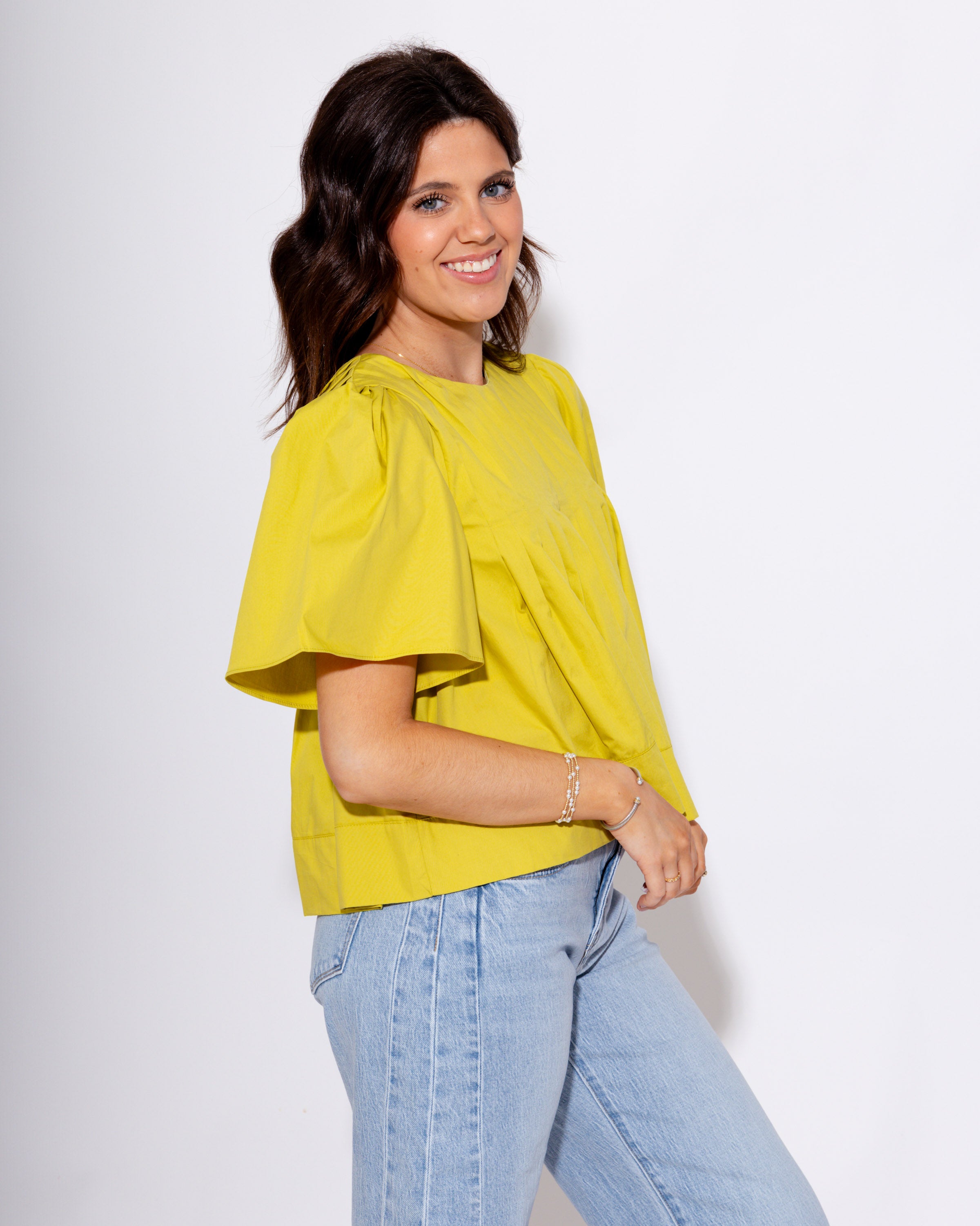 Pleated Short Sleeve Top in Lime