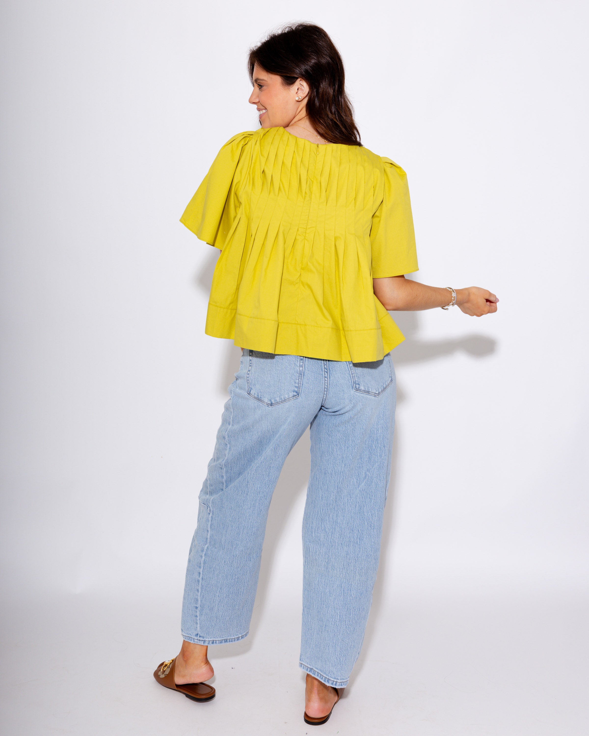 Pleated Short Sleeve Top in Lime