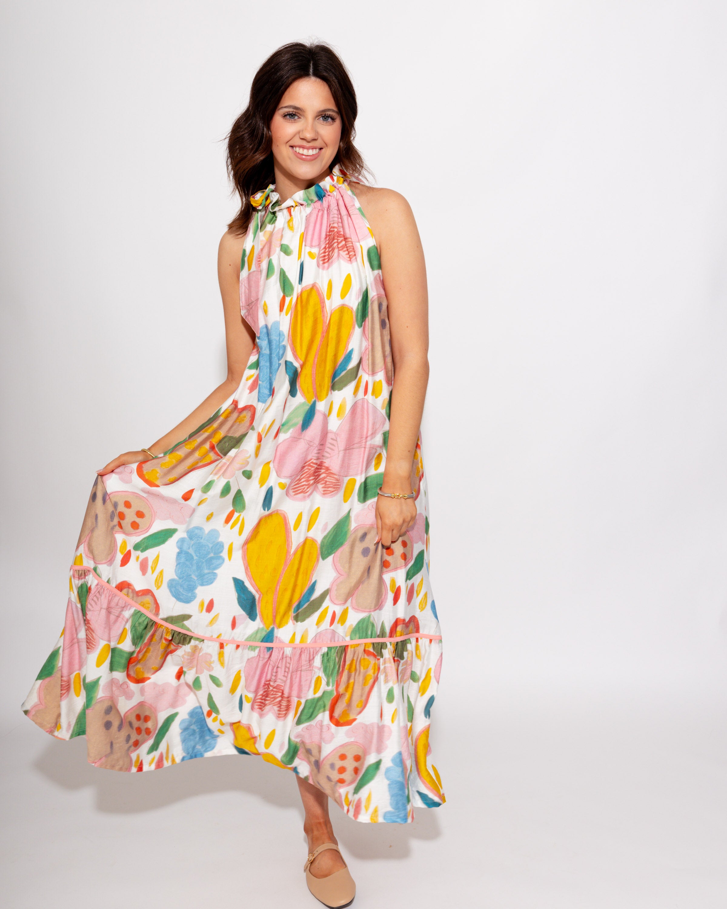 Floral Halter Neck Midi Dress in Cream