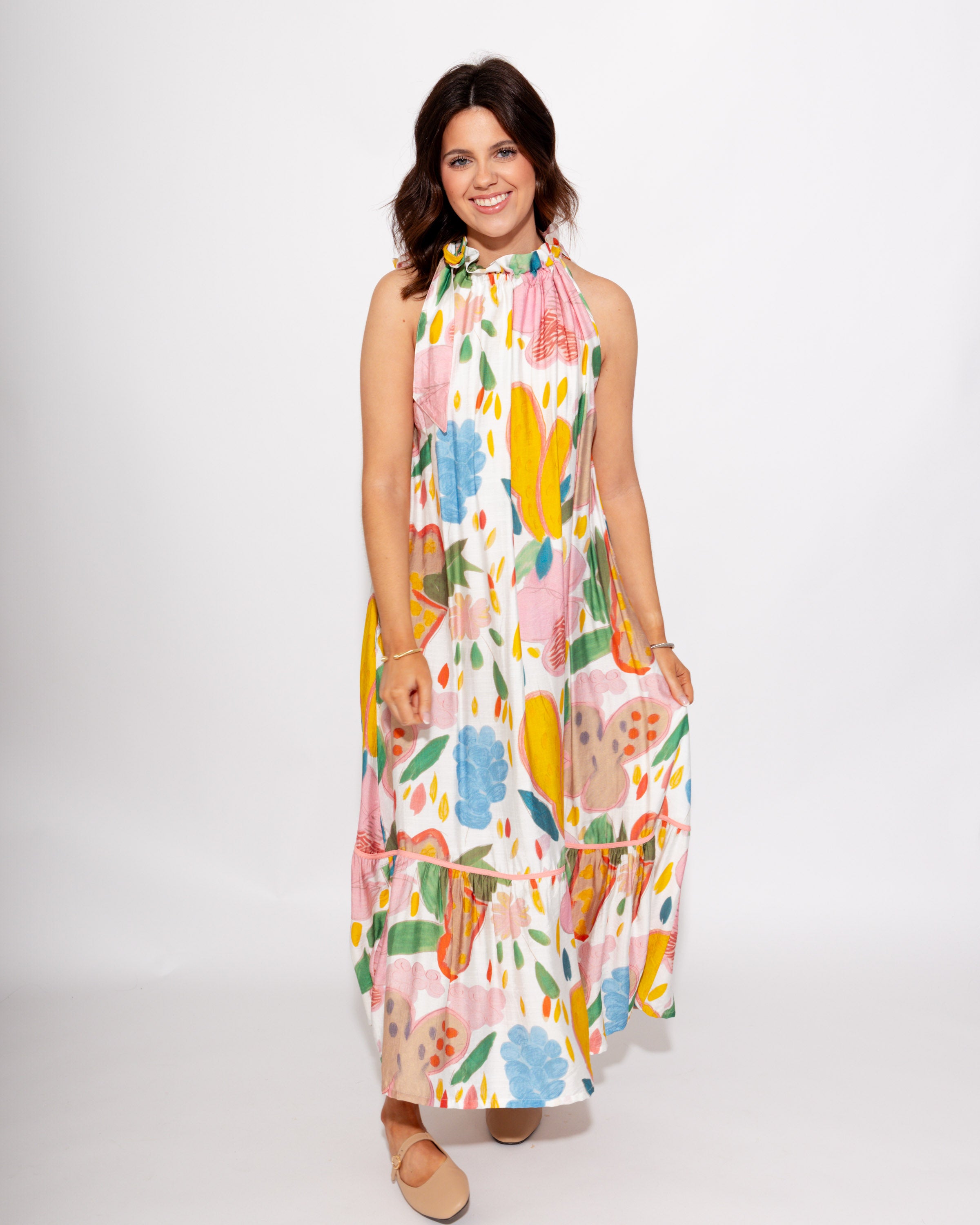 Floral Halter Neck Midi Dress in Cream