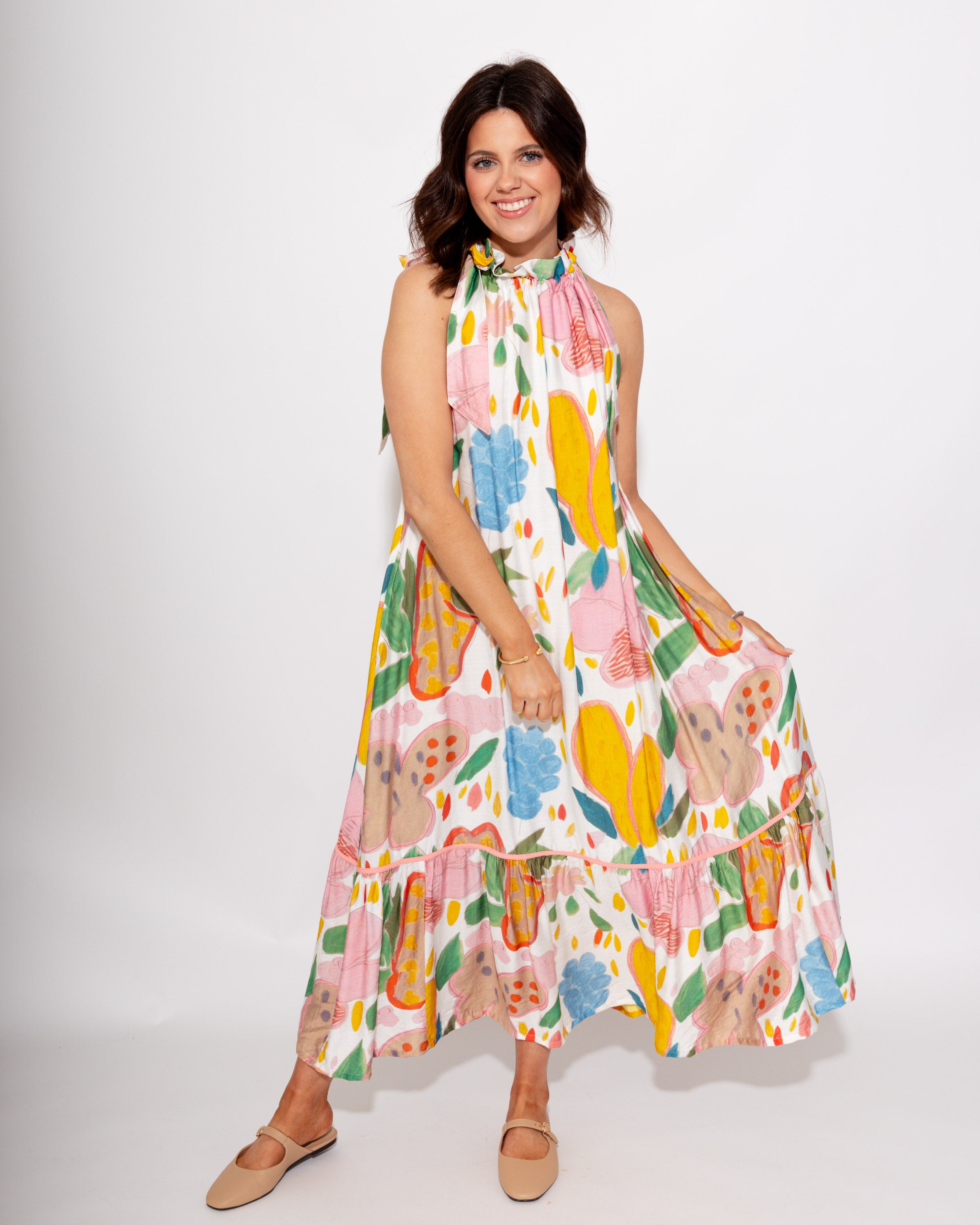 Floral Halter Neck Midi Dress in Cream
