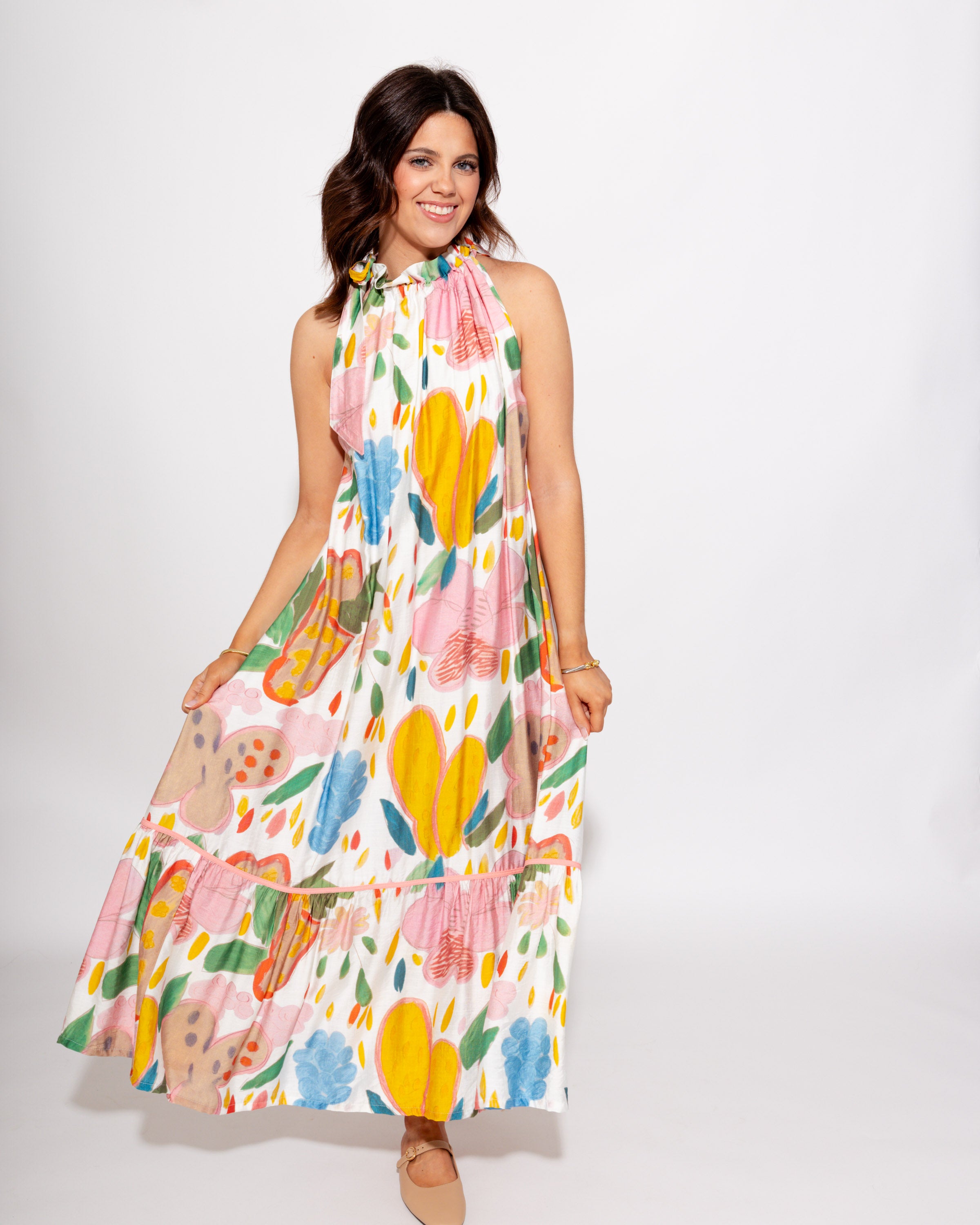 Floral Halter Neck Midi Dress in Cream
