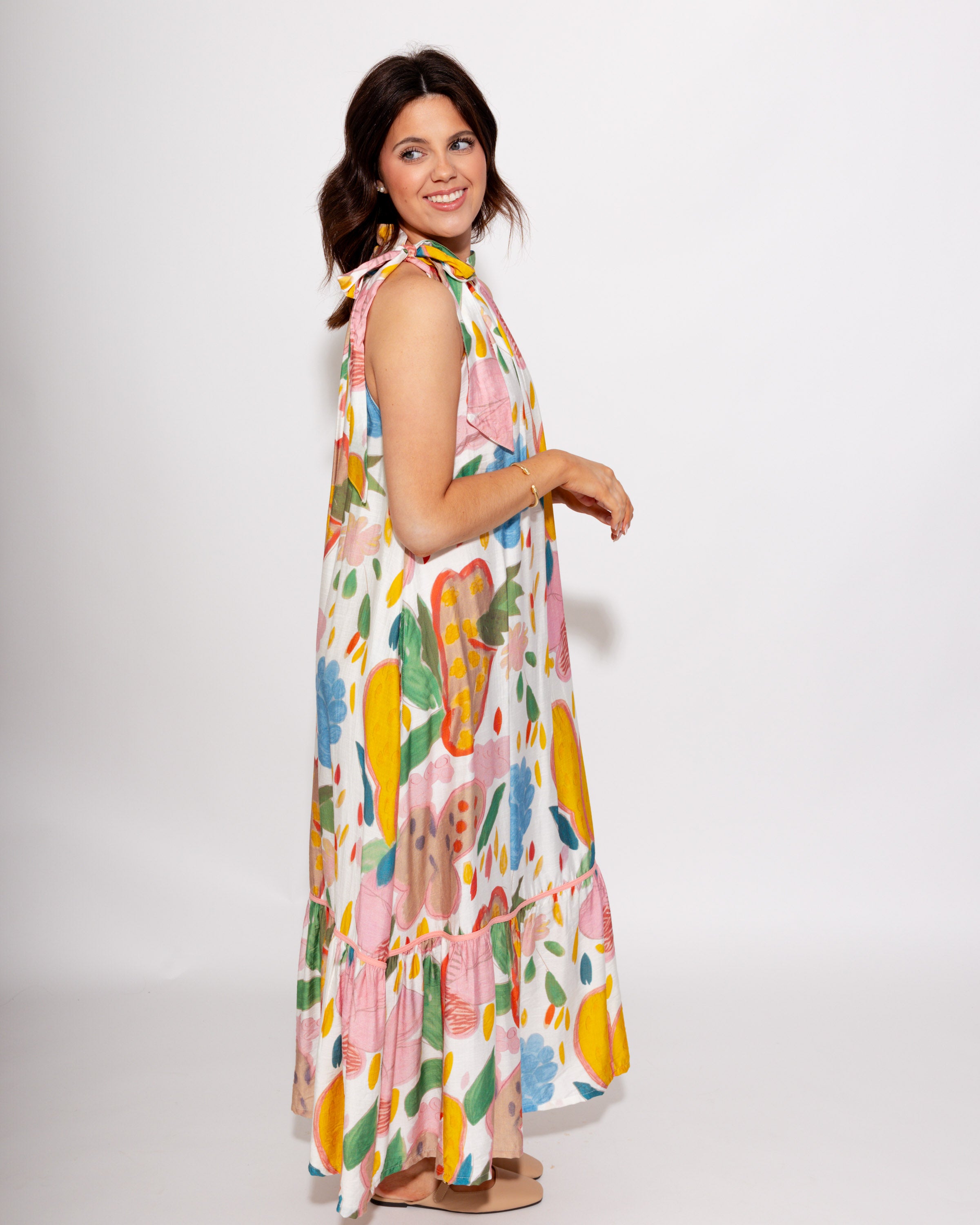 Floral Halter Neck Midi Dress in Cream