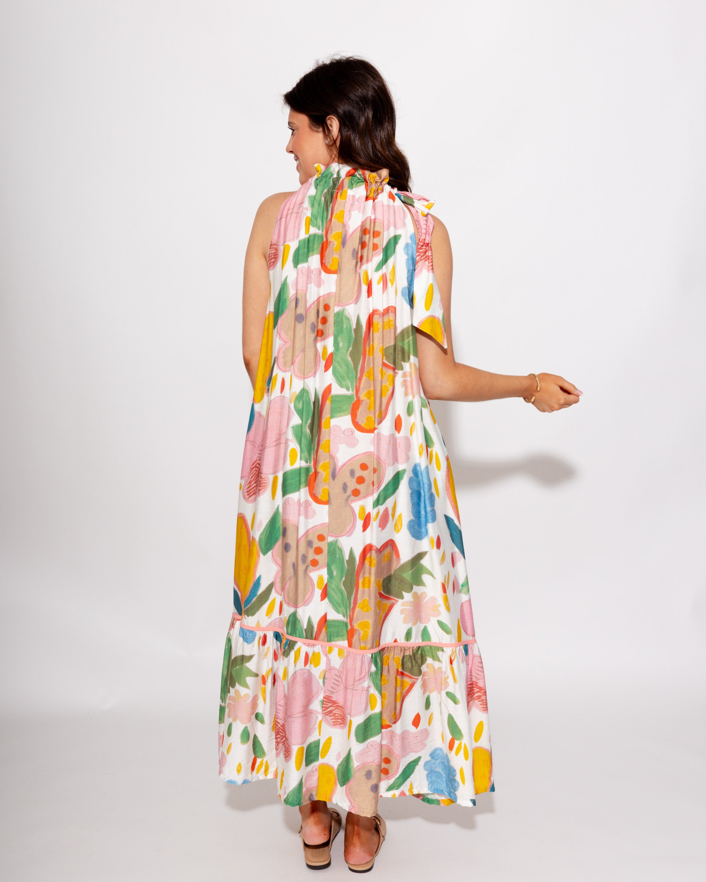 Floral Halter Neck Midi Dress in Cream