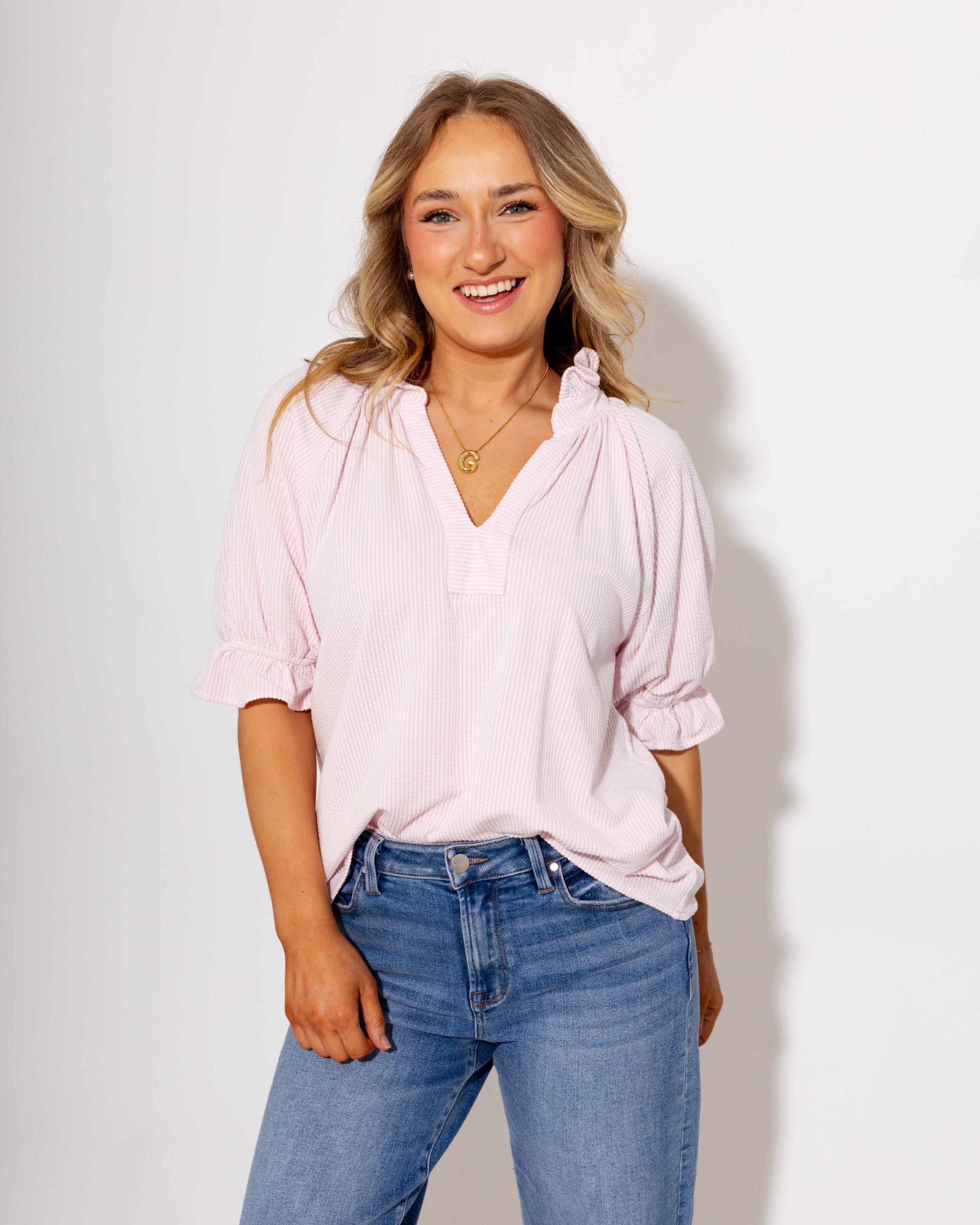Effortless Puff Sleeve Ruffle Top in Pink