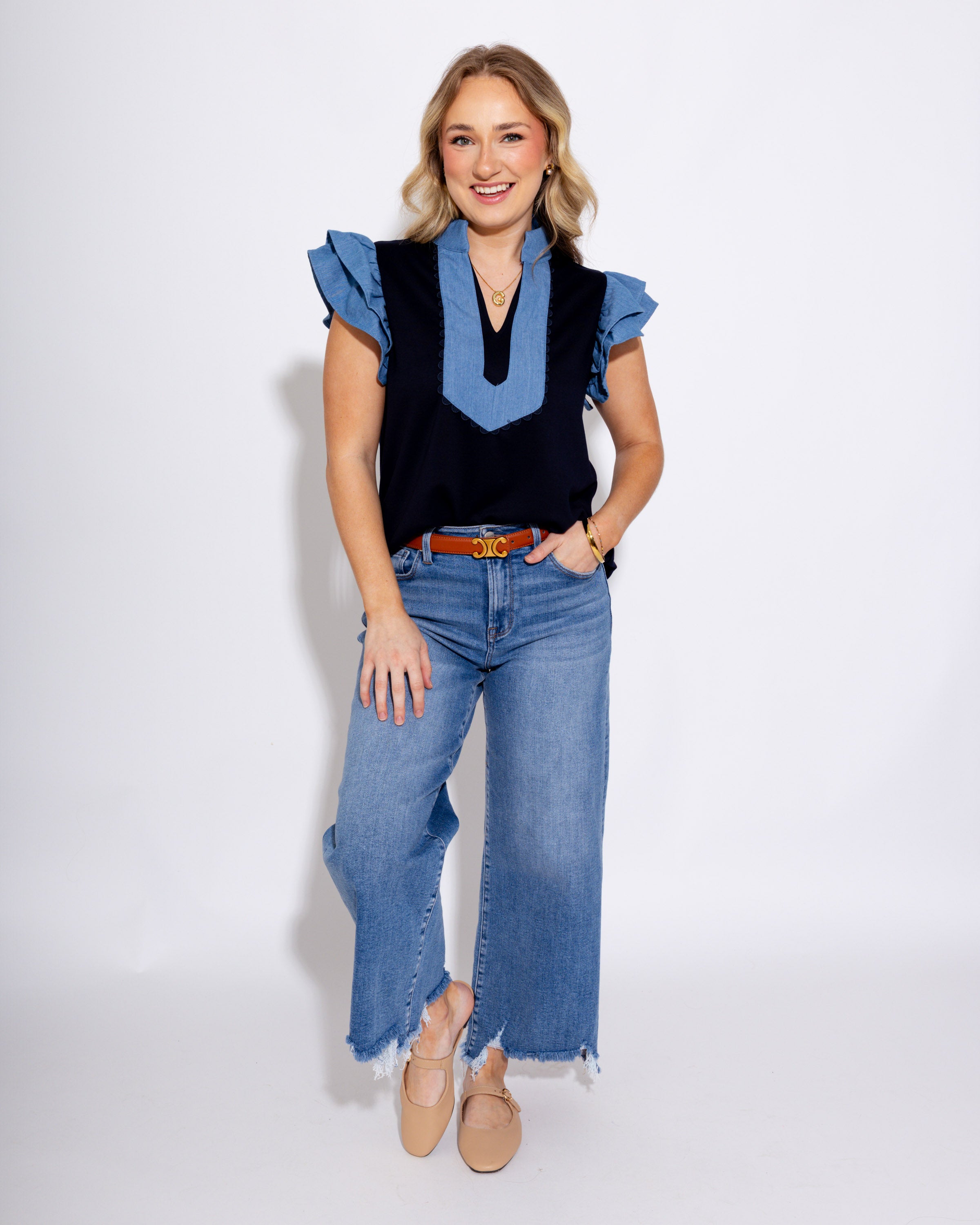 Layered Ruffle Denim Accent Top in Navy