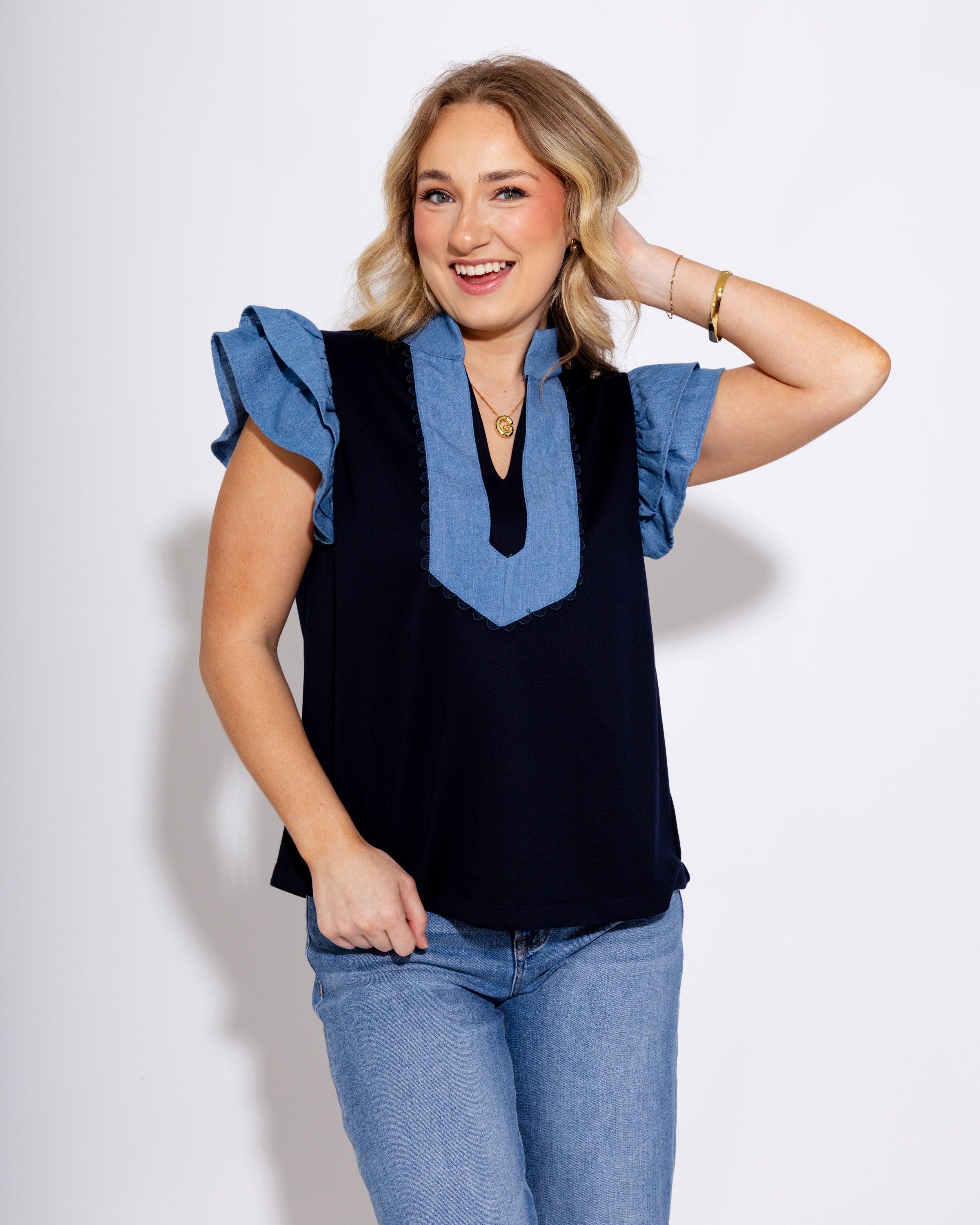 Layered Ruffle Denim Accent Top in Navy