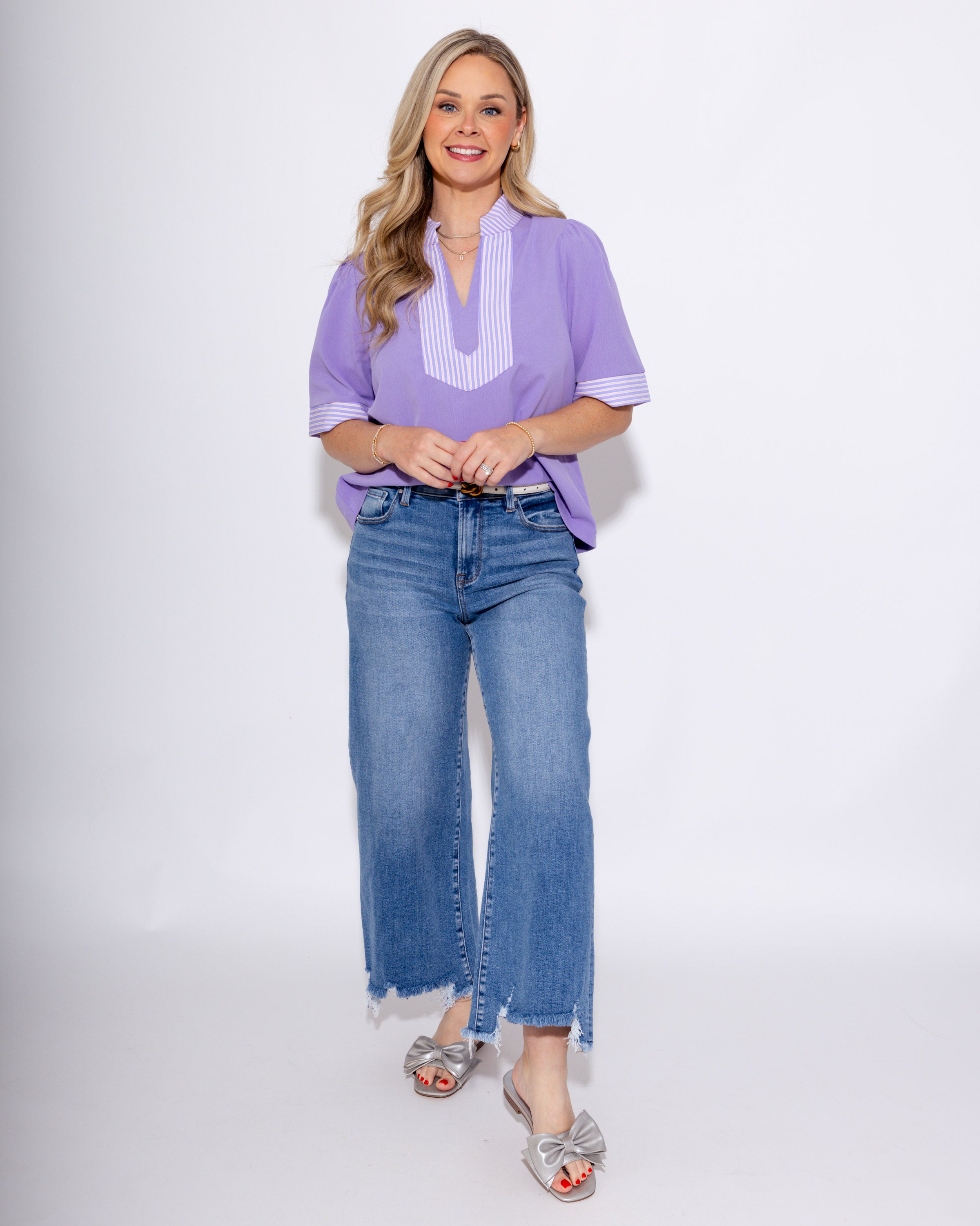 Stripe Contrast Crinkle Top in Lavender