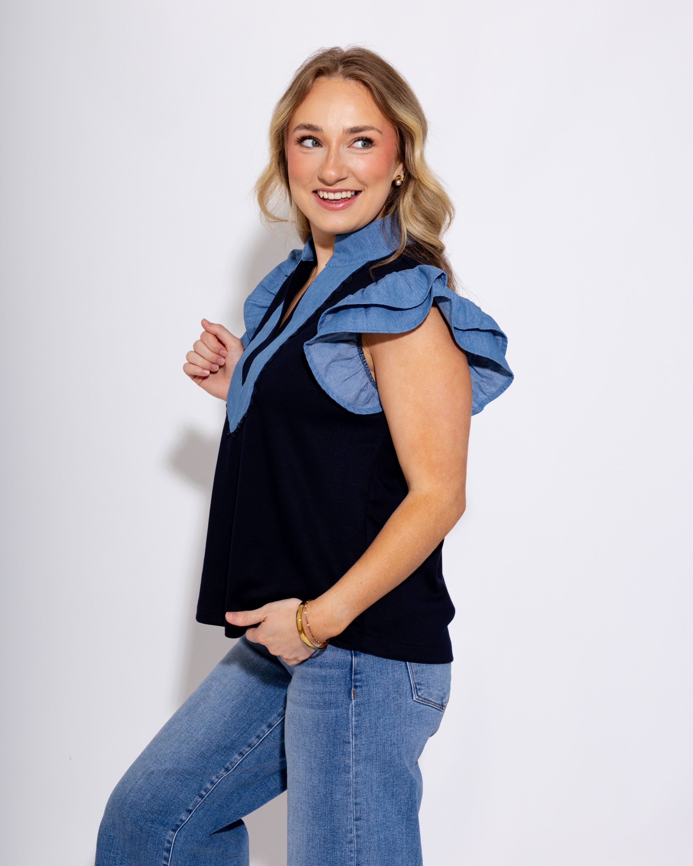Layered Ruffle Denim Accent Top in Navy