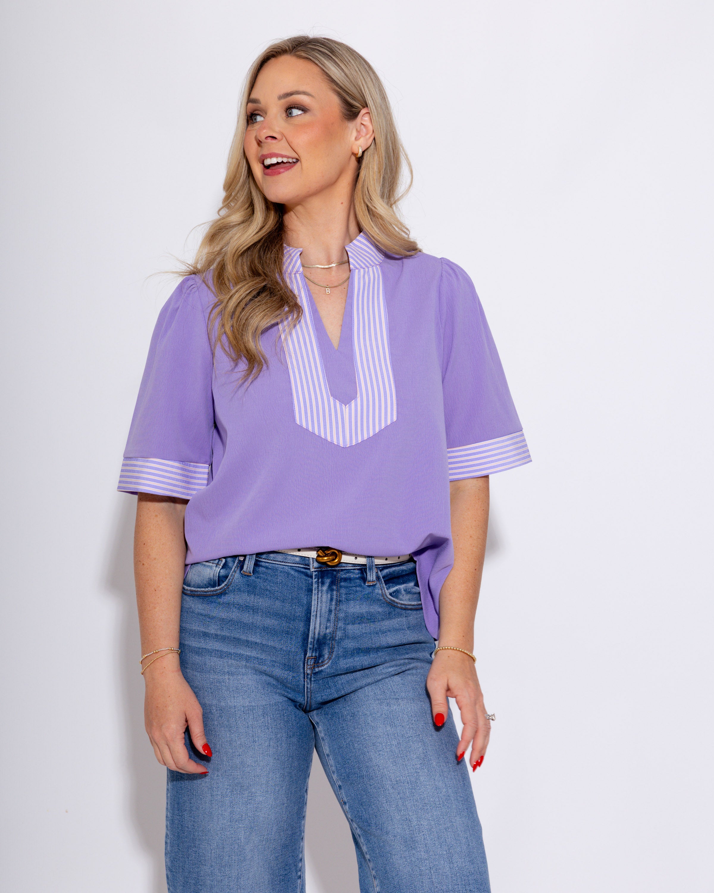 Stripe Contrast Crinkle Top in Lavender