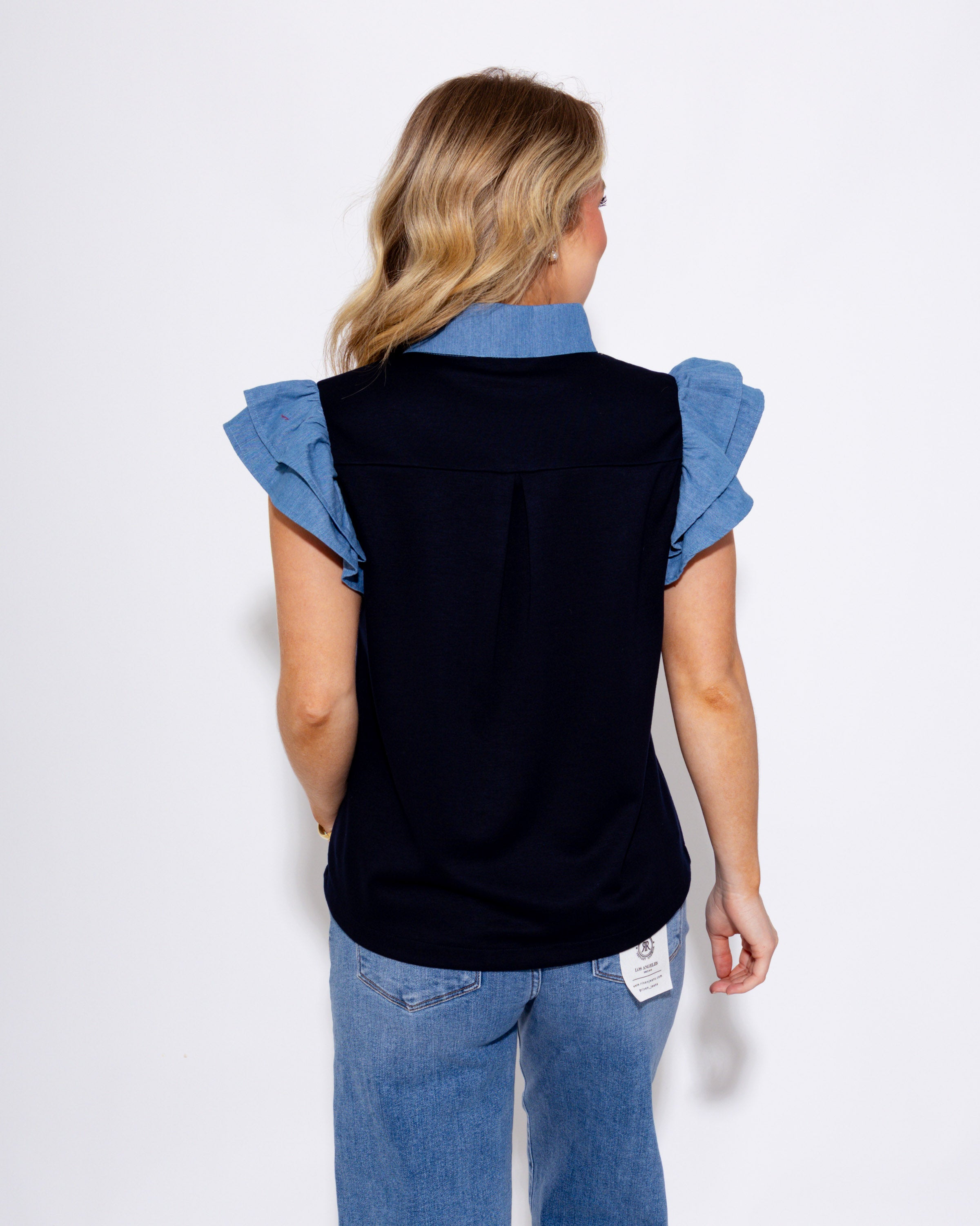 Layered Ruffle Denim Accent Top in Navy