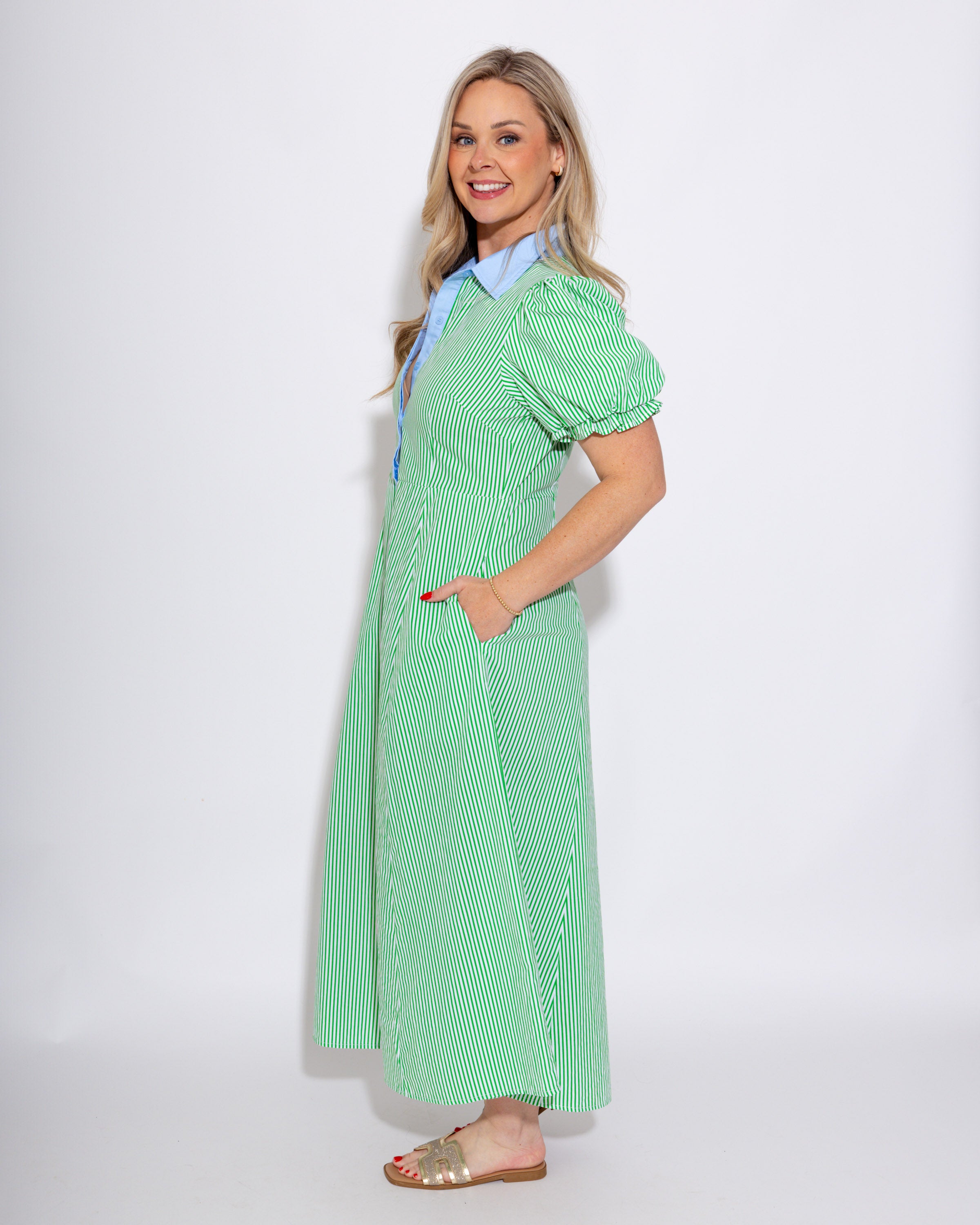 Stripe Puff Sleeve Midi Dress in Green