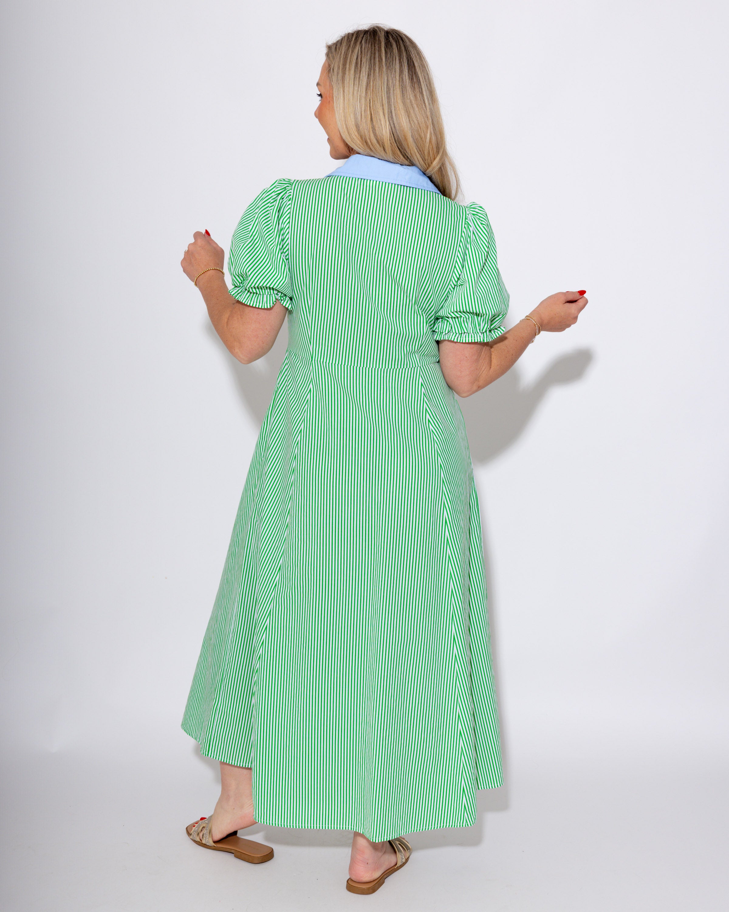 Stripe Puff Sleeve Midi Dress in Green