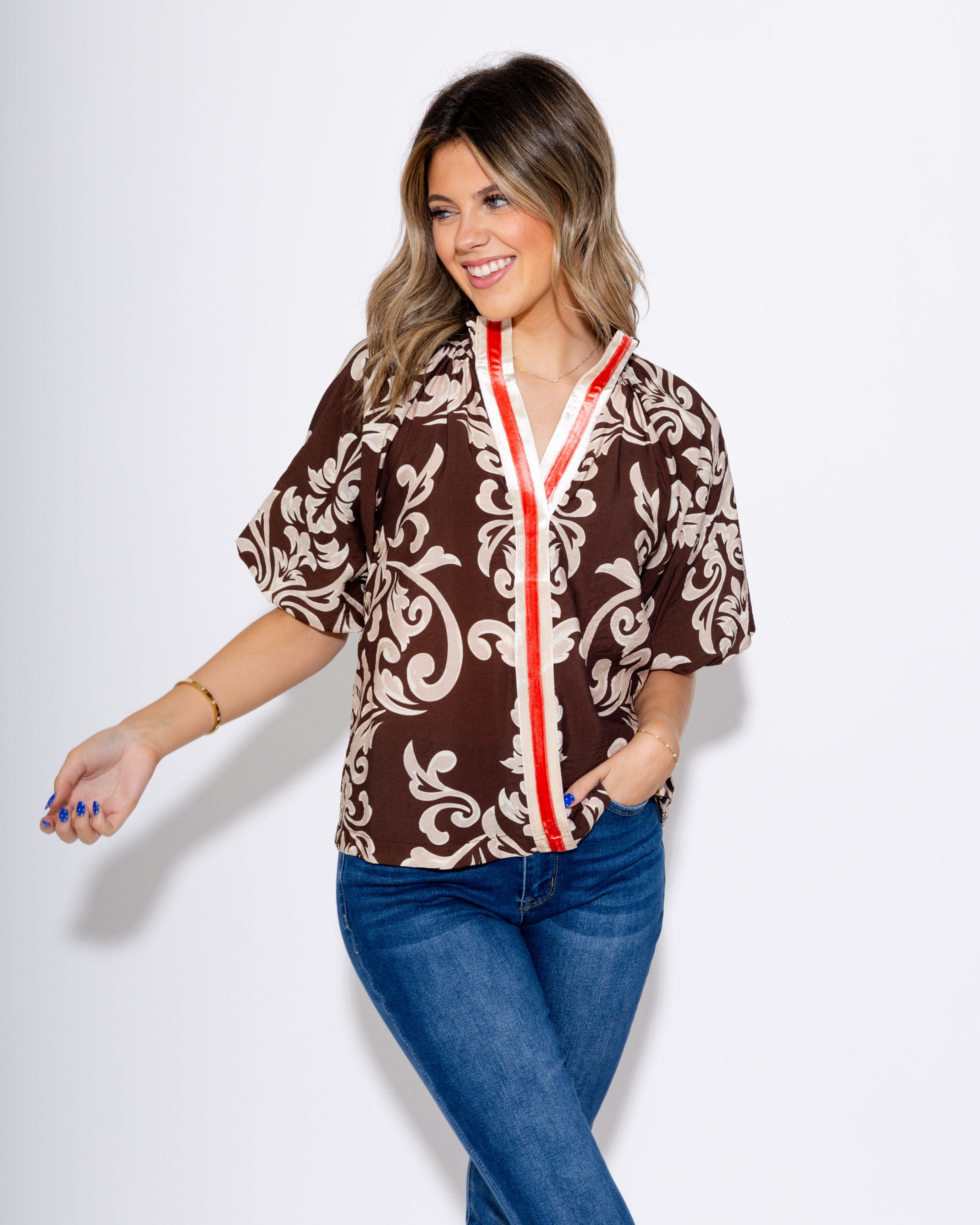 Abstract Print Puff Sleeve Top
