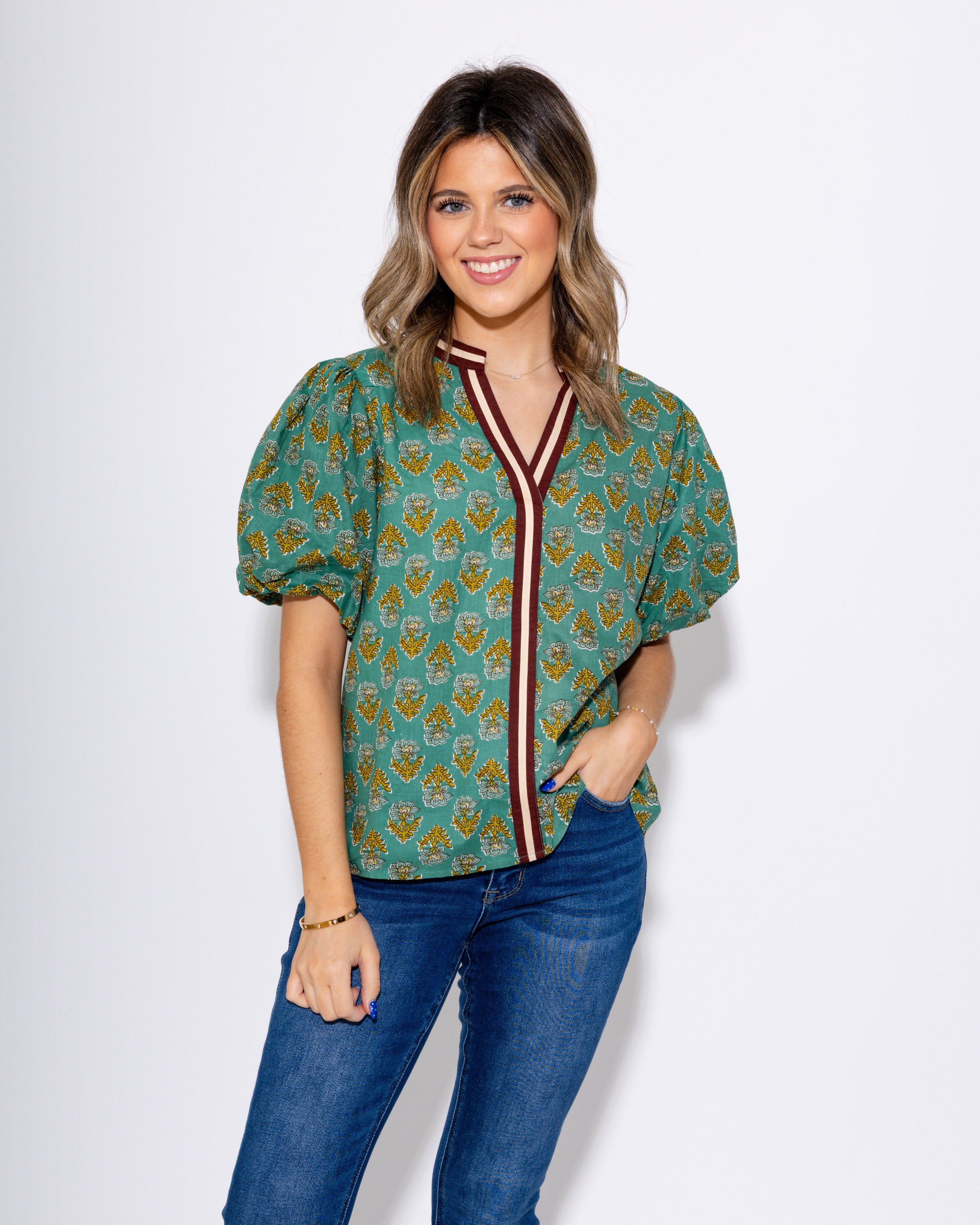 Mint Floral Puff Sleeve Top