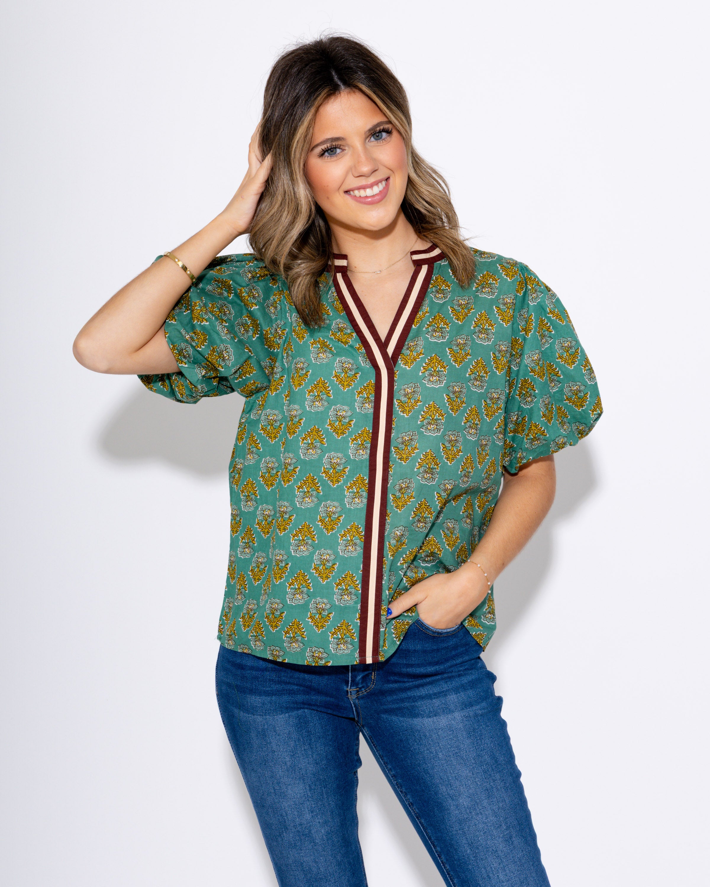 Mint Floral Puff Sleeve Top