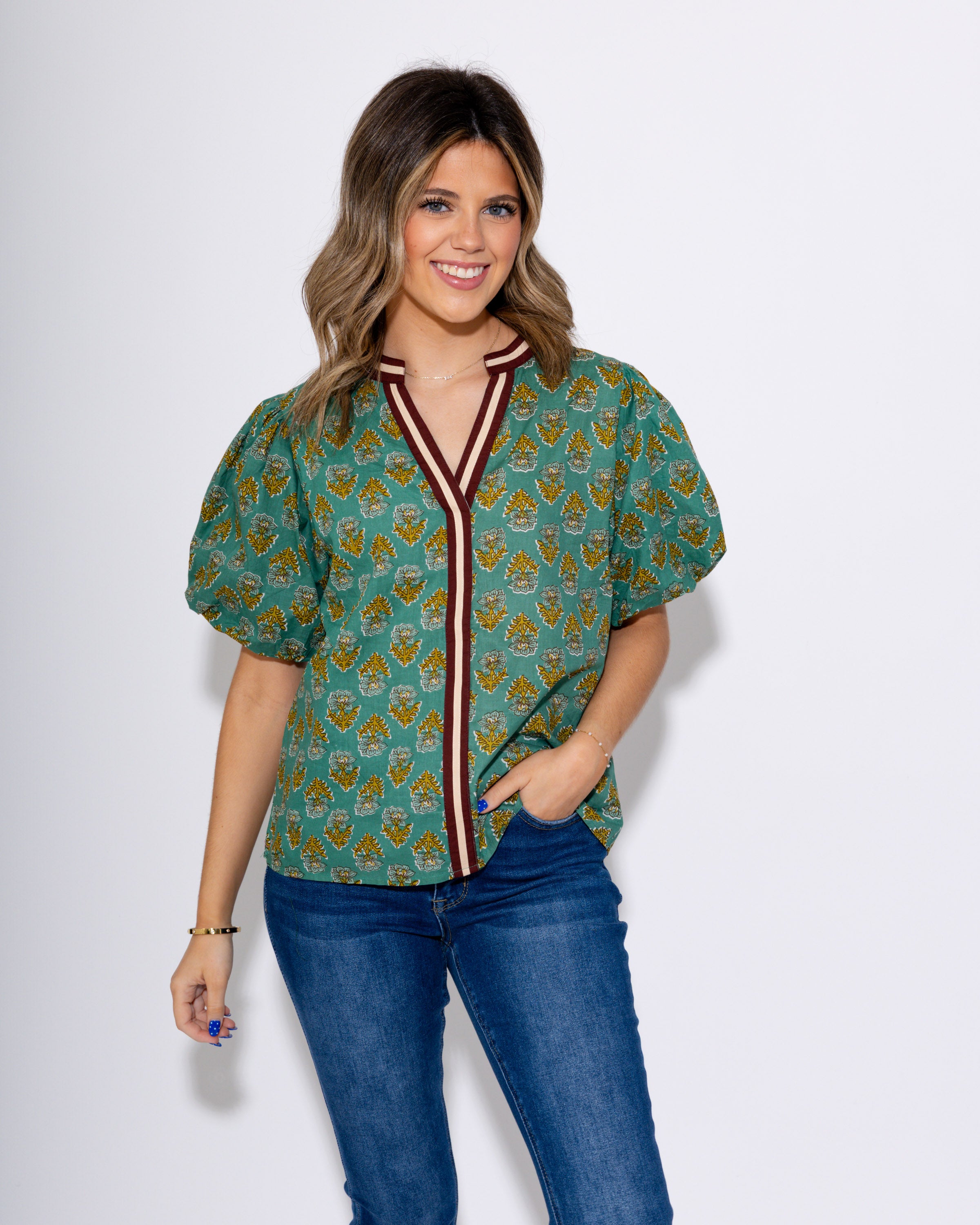 Mint Floral Puff Sleeve Top