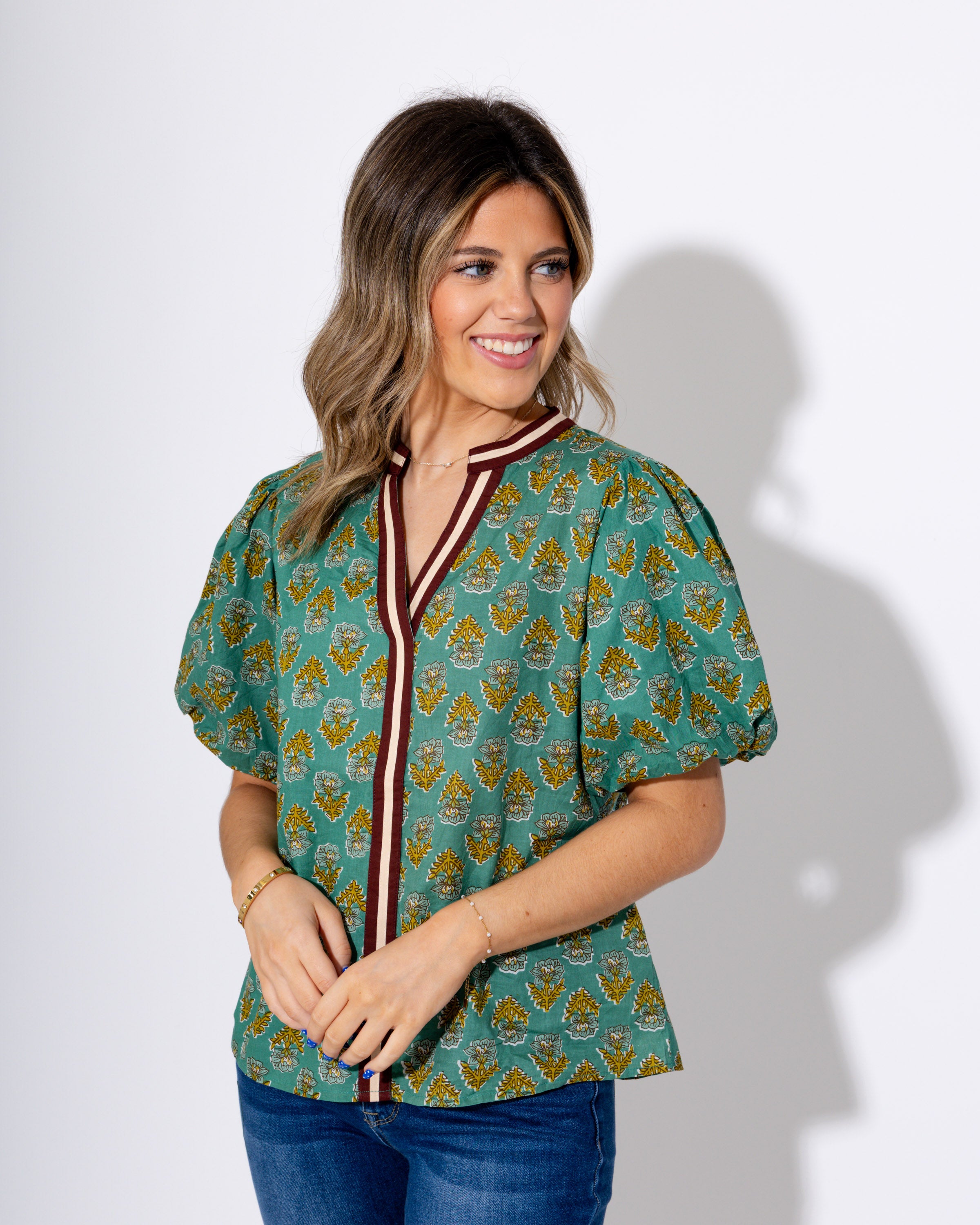 Mint Floral Puff Sleeve Top