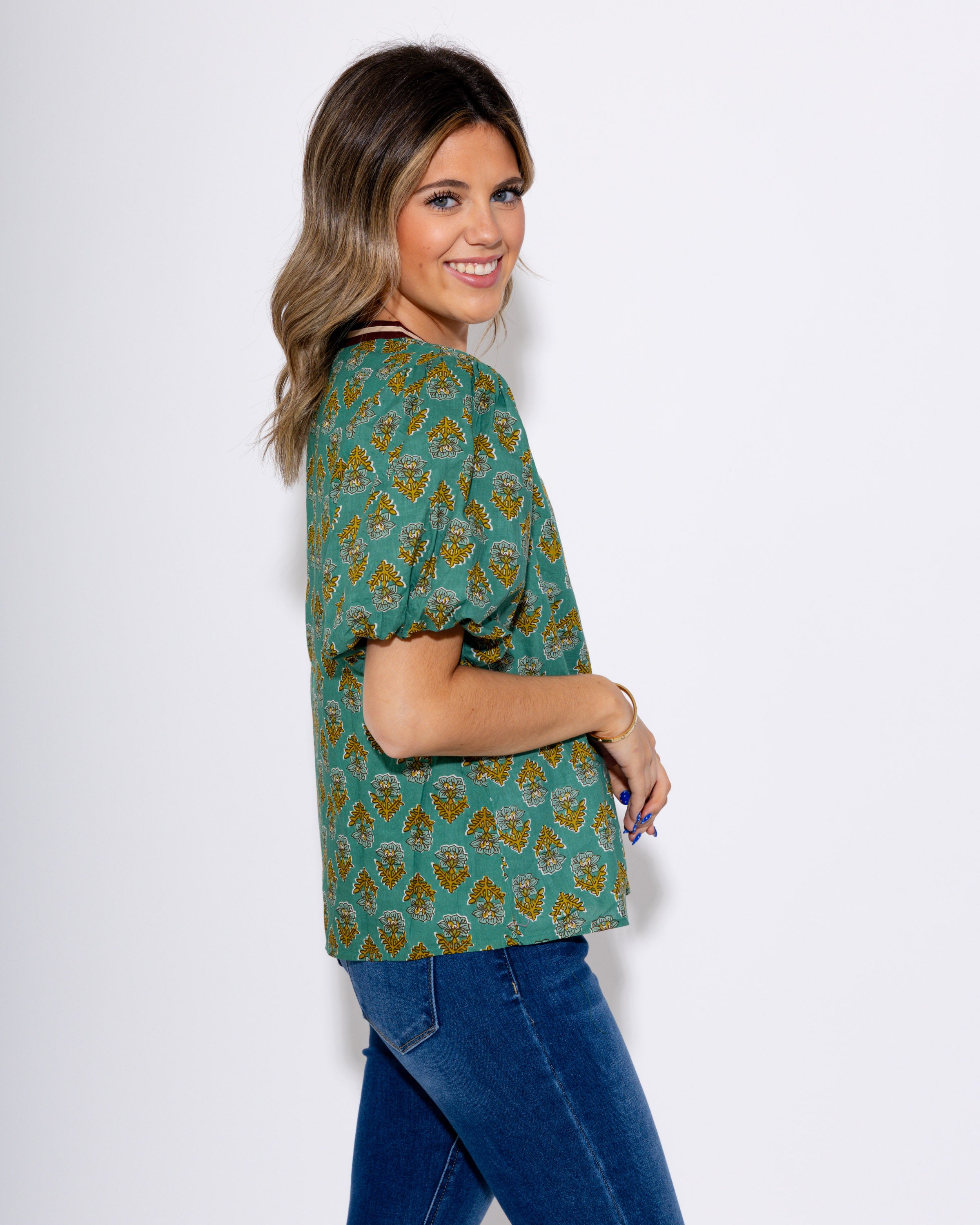 Mint Floral Puff Sleeve Top